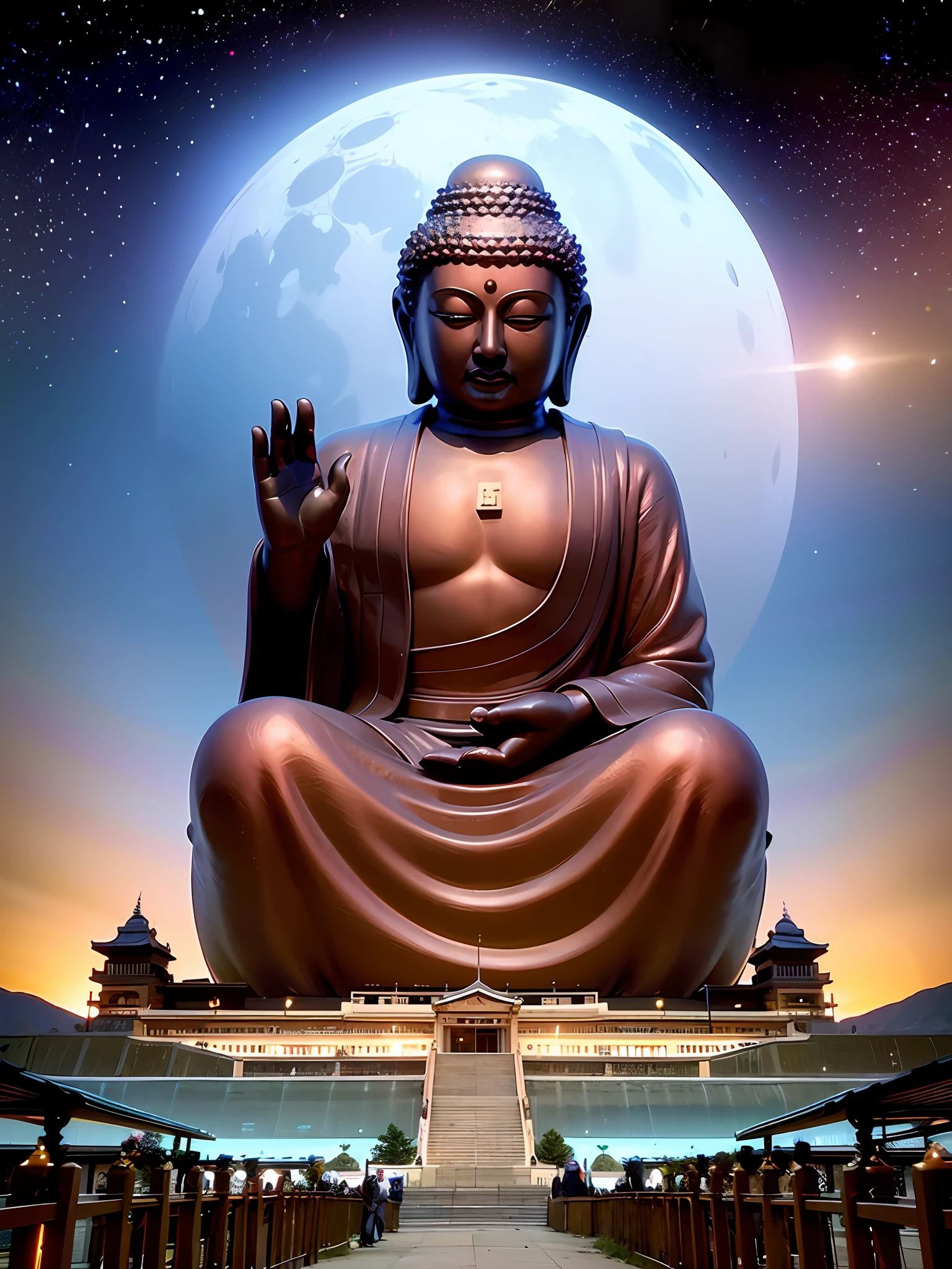 Maitreya, Maitreya Buddha, Maitreya, a large golden Buddha statue sitting in a room with a blue ceiling and a background of blue sky, clouds, above_clouds, airship, aurora, bridge, building, castle, chimney, city, city_lights, cityscape , clock, clock tower, clouds, cloudy sky, constellations, crescent, desert, earth_\(planet\), fireworks, floating islands, fountains, galaxies, glowing, houses, islands, lampposts, lanterns, light particles , galaxy, moon, mountain, night, night sky, no_humans, planet, landscape, meteor, sky, skyline, skyscraper, snow, snowing, space, star_\(sky\), star_\(symbol\), starry_sky, starry_sky_print, telescope, tower, town, twilight, ship