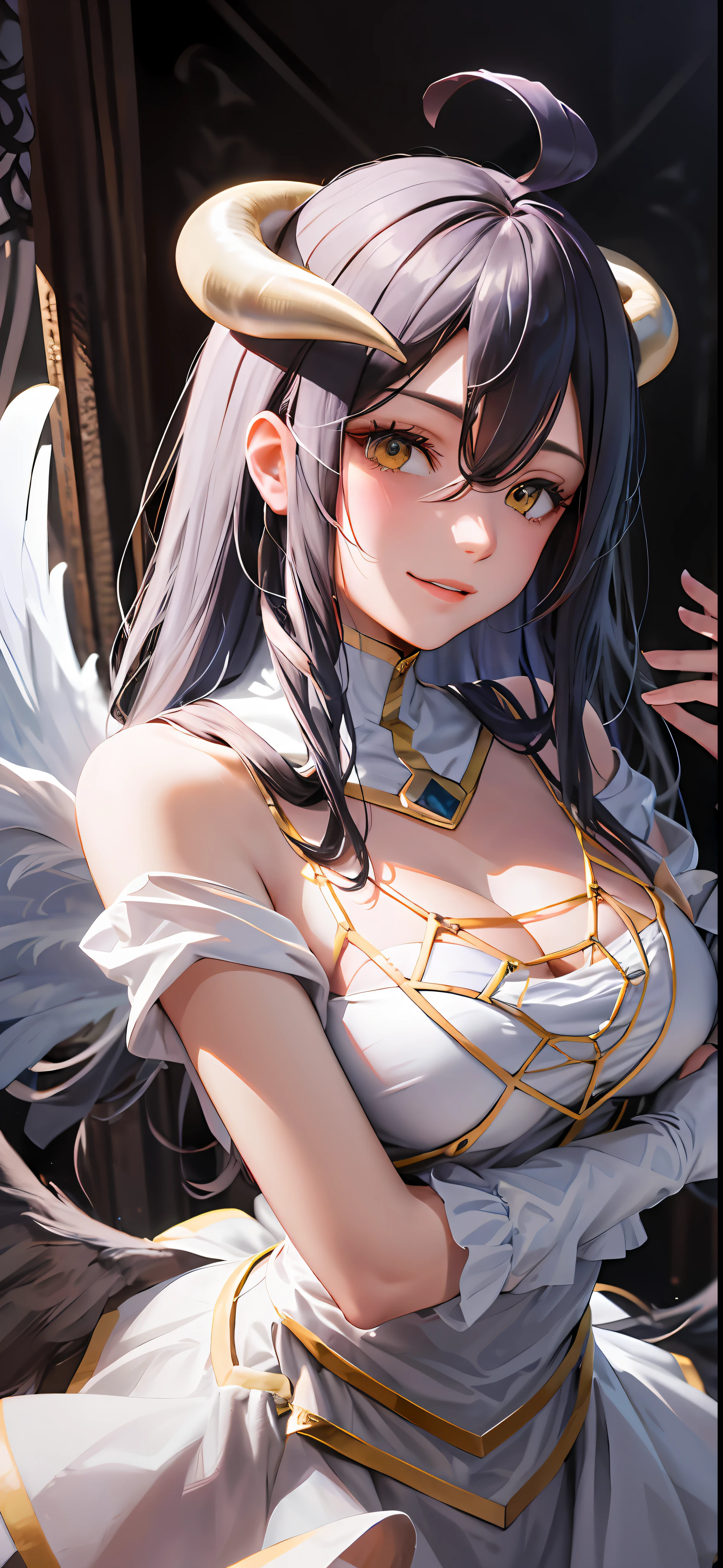 Meisterwerk, best qualit, high res, al1, demon horns, geschlitzte Pupillen, white gloves, white dress, nackte Schultern, Abnehmbarer Kragen, Spaltung, black wings, feathered wings, low wings, Cowboy erschossen, stehend, Verlies, evil smile, Die Hand ausstrecken, Ausgebreitete Arme, ausgestreckte Arme,
