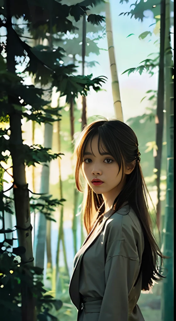 Summer nights,The full moon hangs high in the sky,A secluded bamboo forest is illuminated。Women wear crisp business suits,Standing alone in the middle of a bamboo forest,Her face is beautiful and moving。The bamboo forest emits faint fluorescence,The lighting is soft and mysterious。The whole picture creates a mysterious and fascinating atmosphere。The composition is dominated by women,With the crisscrossing of bamboo forests,Create a unique picture。The light and shadow bring the female figure and the light spots cast by the bamboo forest just right,It gives a soft and mysterious feeling。The choice of perspective is moderate,It can show the beauty of women and the vastness of the bamboo forest。Camera model:Sony ILC and -7M3/e,Camera parameters:ISO 400,Focalors:50mm,shutter speed:1/125 sec,aperture:f/2.8,Pure shades,Highlight the gorgeous faces of women
