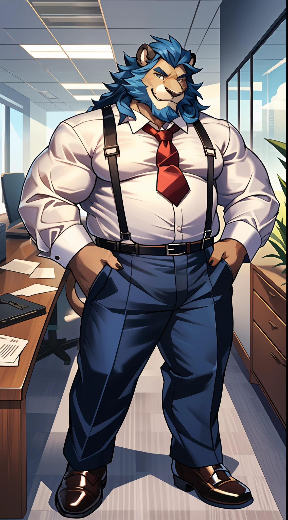 Middle age, mature, lion, ink blue hair, long hair, facial hair, dark blue beard, light Brown fur, looking at viewer, smile, grin, white shirt, red tie, blue dress pants, black suspenders, dress shoes, male, solo, anthro, chubby, fat, muscle, thick, cell shaded, full body, inside an office
