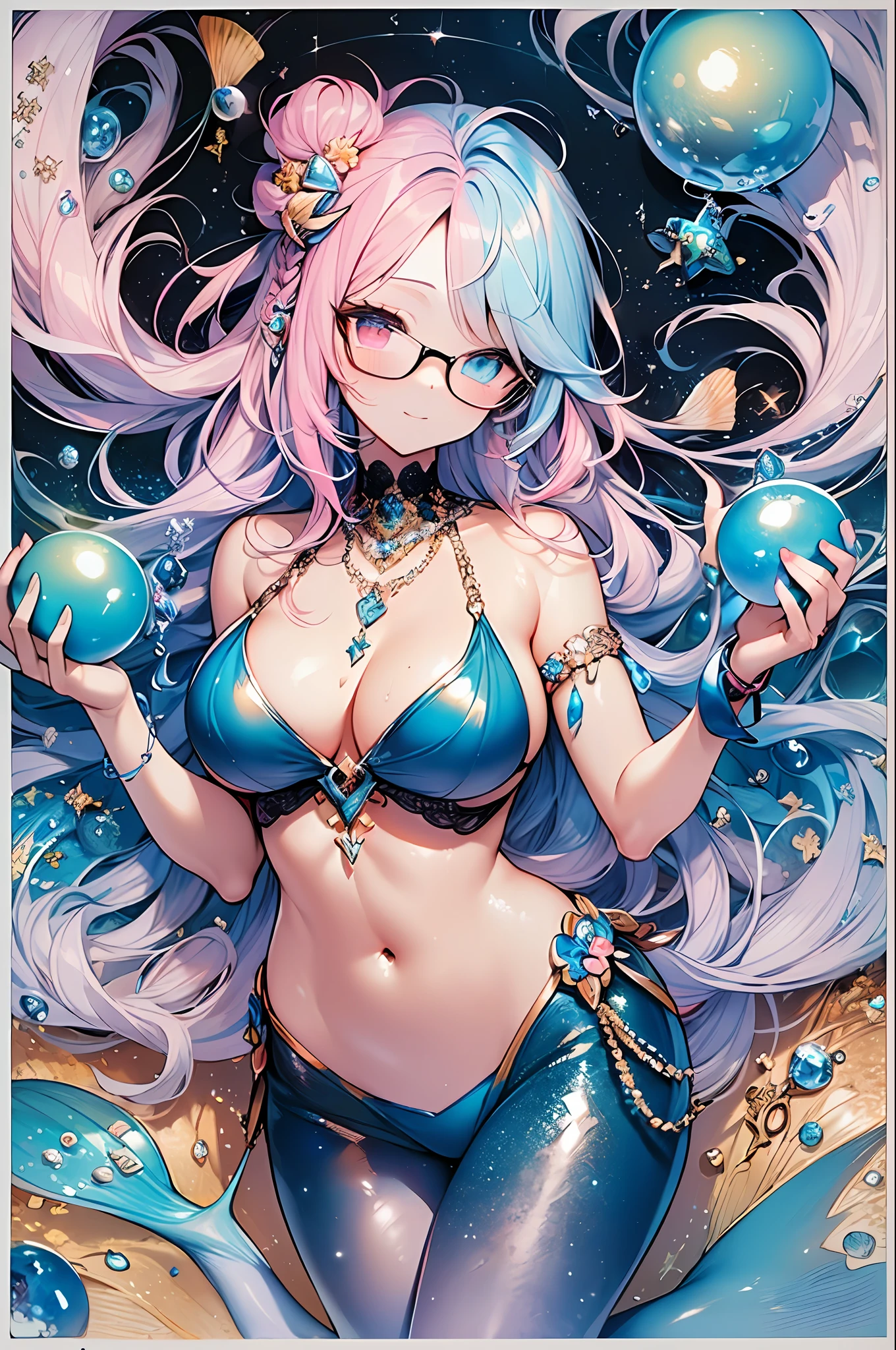 (((Insanely detailed))),((masterpiece、maximum quality、Watercolor art(Pendants)、offical art、Beautiful and aesthetic:1.2))、(the golden ratio:1.2)、(Full body:1.2)、(Ultra-detail:1.3)、(1girls:1.3)、(Fractal Art:1.3)、Full body、((Glitter pupils))、patterns、((Iridescent hair、Colorful hair、Half light blue and half pink hair:1.2))、Colorful、writing、(Heterochromia)、(Colorful:1.5)、((Swimwear))、((Shy face))、((Seashell Bikini))、(Standing)、(hyper detailed), ((Delicate details)), (intricate detail), ((Cinematic light, best quality Backlights)), High Contrast, ((Best lighting, anextremelydelicateandbeautiful)), ((Cinematic light))、(Ray-traced reflections、sparkles)、((Shining aura))、((Shiny hair))、((super-detail))、((8K))、((Write))、Delicate beautiful face and eyes,Focus on the face, Deep sea background,masterpiece,Detailed splashes, Beautiful detail water、Feeling of shock、(Real:0.5)、Original 2 High Saturation、(Surrounded by colorful splashes and dots)、colorful bubble、Glasses、((mermaid))、((Holding a large pearl with both hands))、(Pearl Necklace)