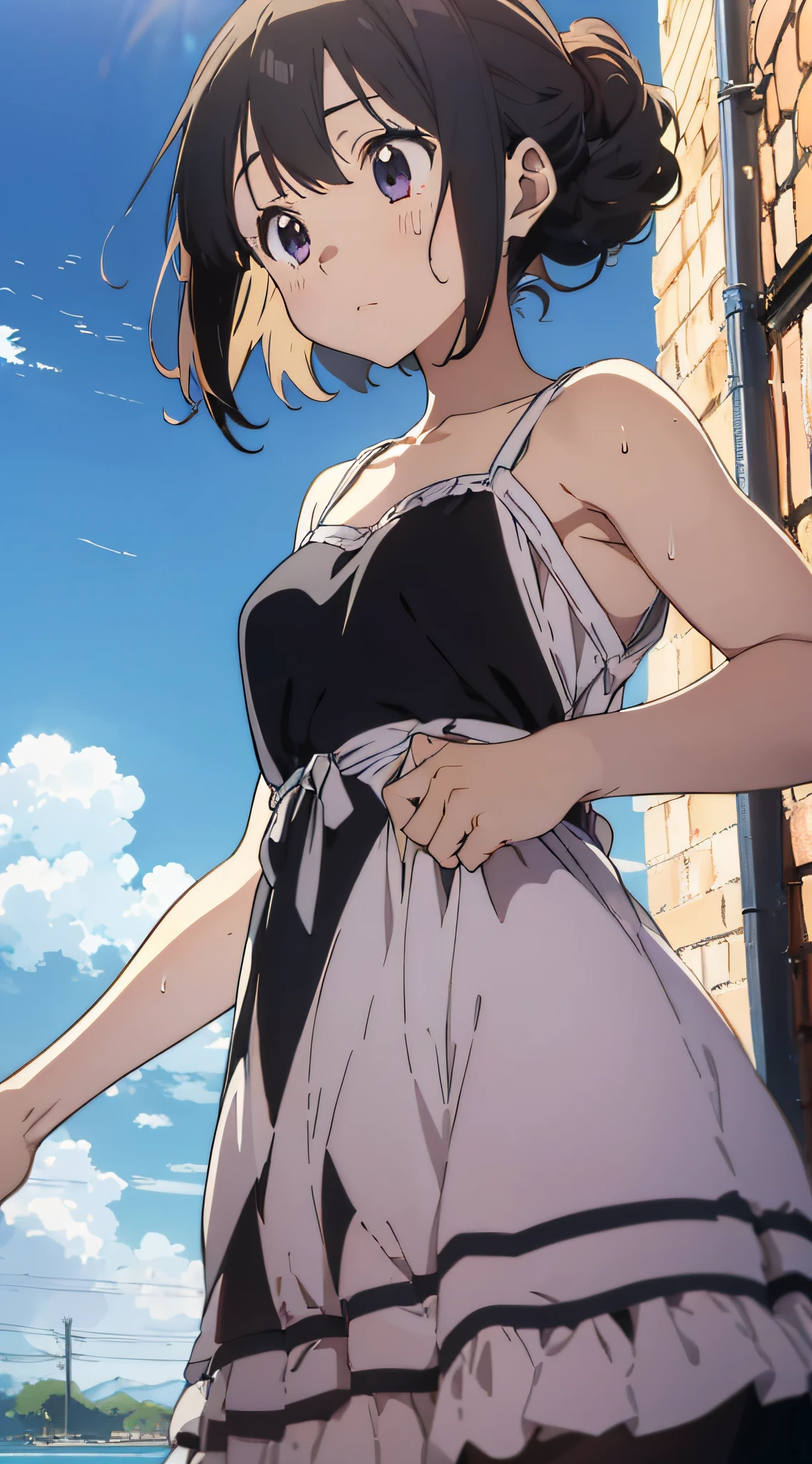 (Anime, Anime Art Style:1.2) Yuyushiki, Young Girl, 13 years old, Sweaty, Camisole Dress, Seaside, Sunshine, (Looking Away:1.5),Blue Sky,Various Movements,From Below