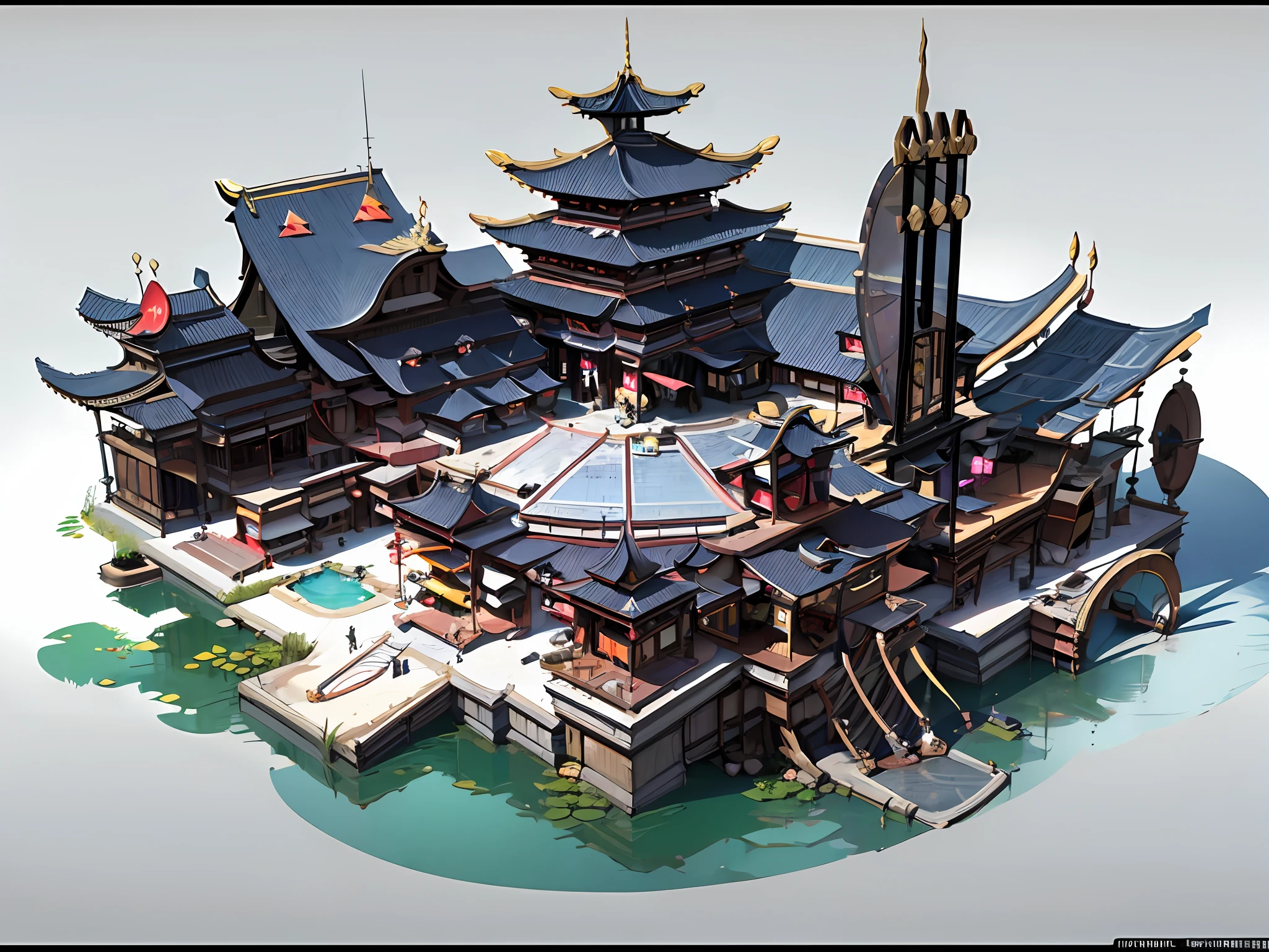 Ancient Chinese architectural design，Game Building，Ancient restaurant，Incredible design，ultra wide angle、Panorama view、viewed from bird's-eye，The colors are contrasting，Reasonable structure，Epic composition，is super detailed，insanely detaileda，Simple clean white background，（White background），Best light and shadow，3D art，C4D，OC renderer，3D rendering，ultra-highresolution，master-piece，Top quality，best qualiy，officlal art，dreamlike，aesthetics，Perfect art，16k