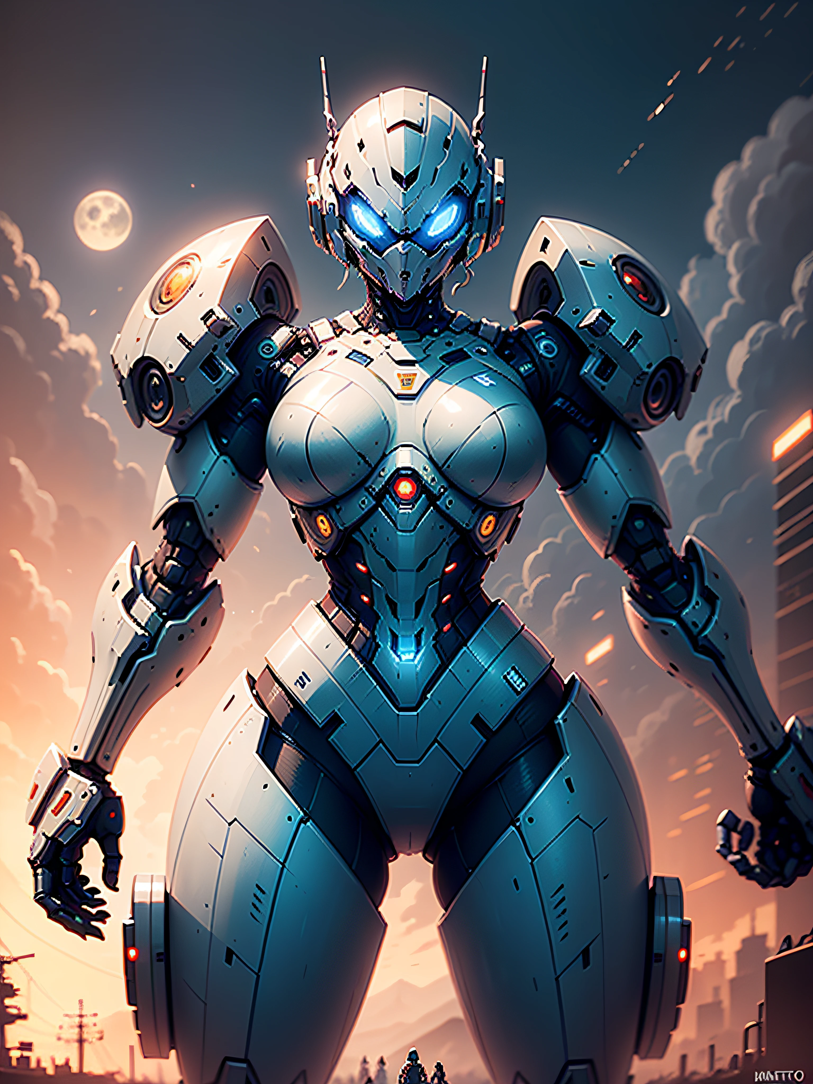 Marine space, Martelo 40,000, mundo em guerra, linda mulher cyberpunk com armadura mecha master chef halo muito detalhado, Mecha Warframe, cores vibrantes, vermelho, Branco, azul, verde, metallic yellow, enferrujada, Usado, sujo de sangue, with sky with clouds and full moon and battleships, corpo inteiro com armadura detalhada, campo de batalha sangrento,