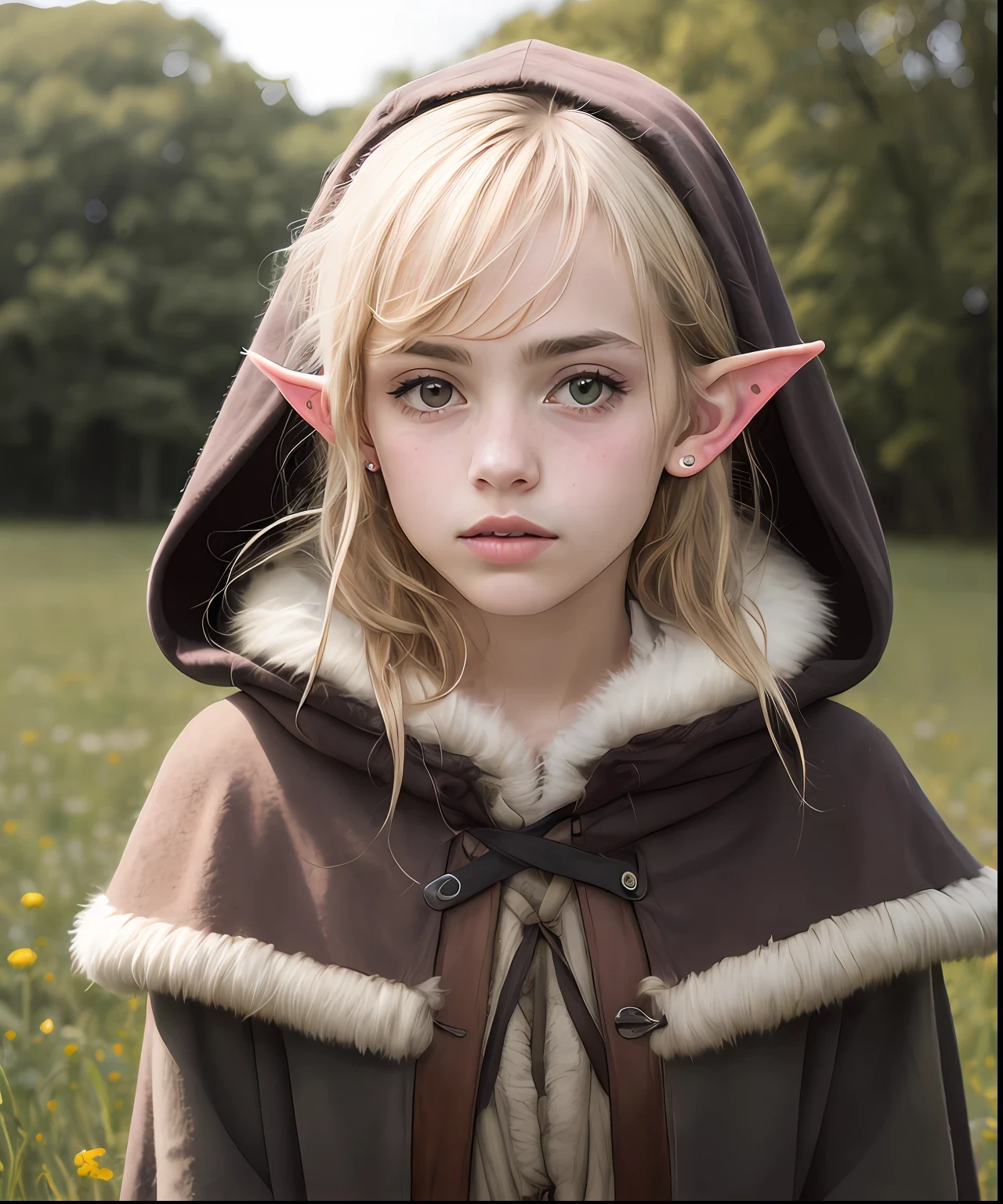 A beautiful french emo (()) highly defined elven features big eyes ,small pokies peroxide ((long blonde messy windswept hair)) flowers in hair,(((small pointed ears))), sitting in highly detailed rural french (meadow) setting ,wearing Medieval green cloak hood and (furs, leathers, and roughly spun cloths, such as hemp or linen). eyeliner, blush,, natural professional photography, Sony fx6 digital camera, atmospheric, highly detailed, UHD, both eyes the same, masterpiece, high resolution, ultra quality, 16K, skin pores, matte ,(arms reaching up) ,model pose ,Patrick Lichfield, rule of thirds