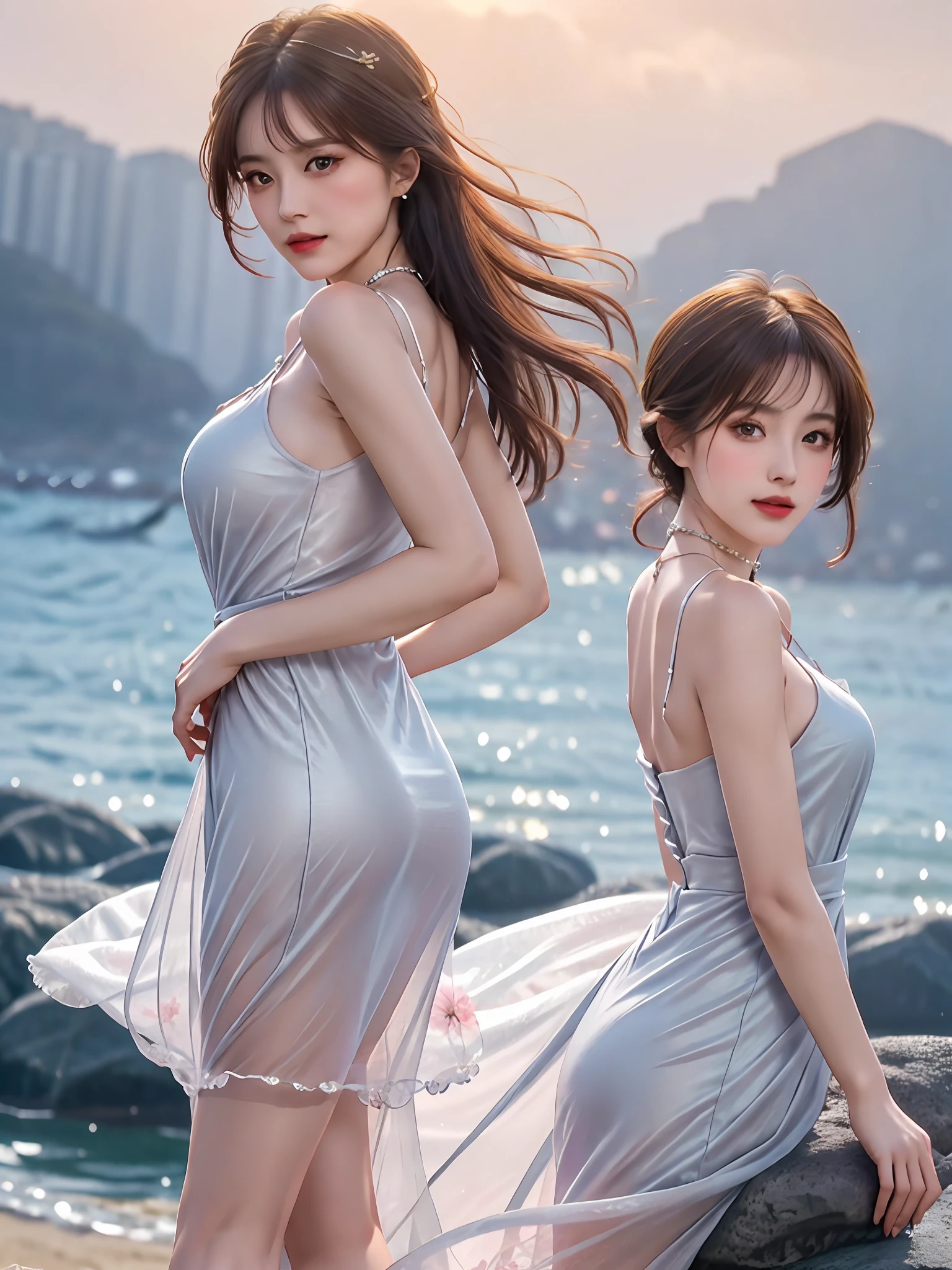 Master work，high quailty，Real photos，Elegant woman，Stand on a rock on the beach，The face is delicate，Clavicle chain，Wearing a long floral dress，Cotton lining，attractive poses，Sideways，backview，Sexy buttocks，backgroundblur，depthoffield，Central symmetry，56mm,F2