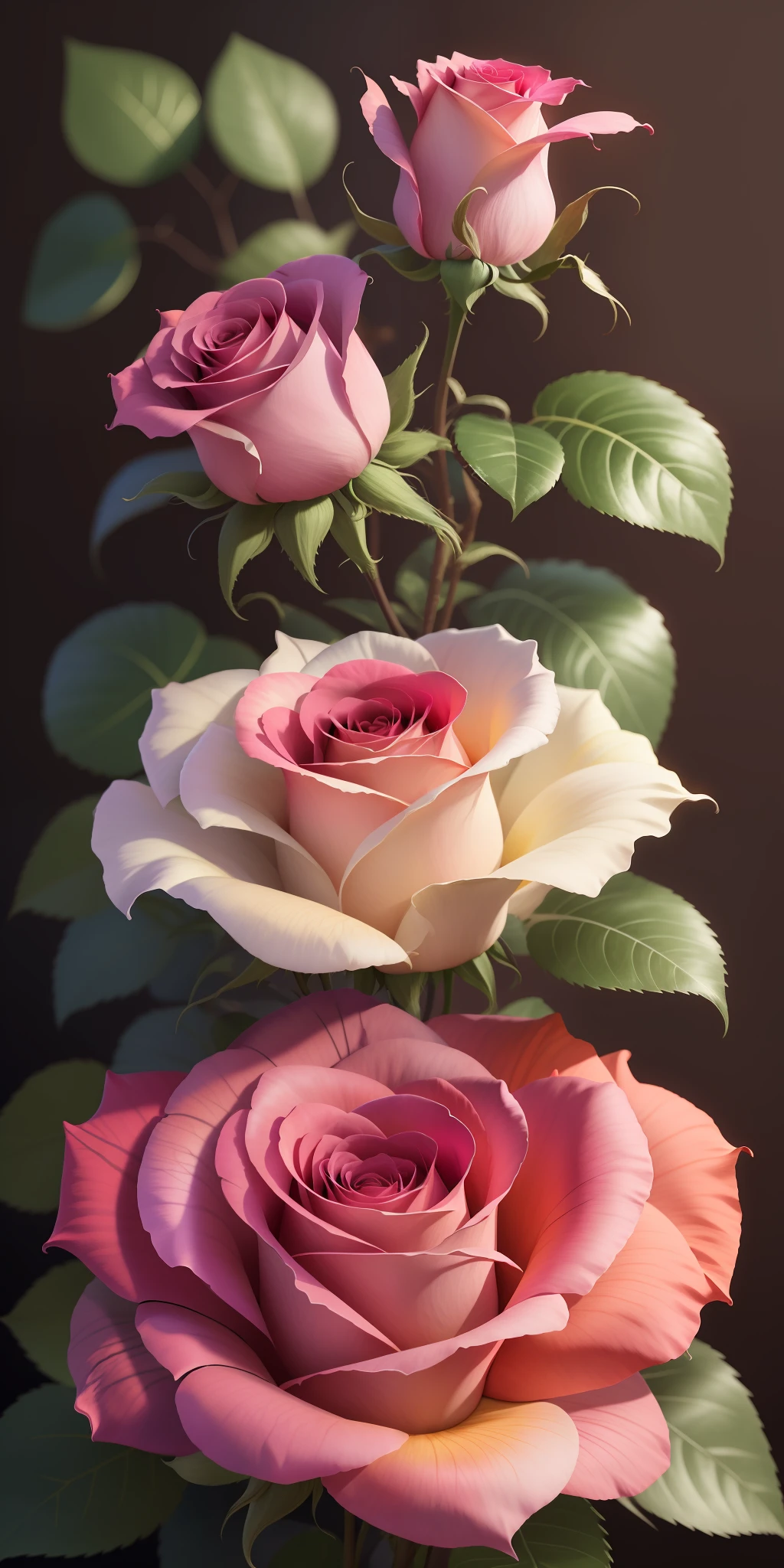 Three pink roses, three pink roses in tree,rose,dark background,high resolution,high quality