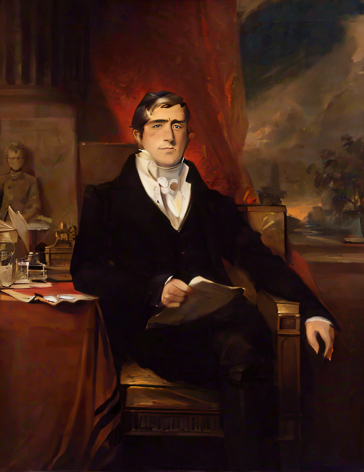 arafed portrait of a man in a black suit sitting in a chair, by Felix Octavius Carr Darley, portrait of archie andrews, by Thomas Baines, by John Linnell, by Samuel Colman, john longstaff, cranbow jenkins, john henry dearle, inspired by Felix Octavius Carr Darley, charles bowater, robert maplethorpe