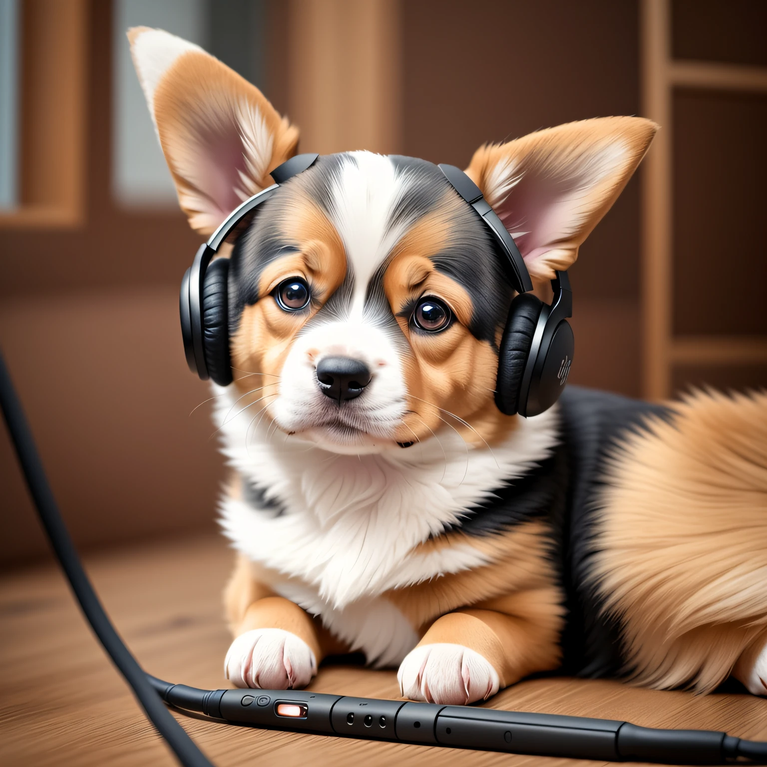 inside a room,Little girl wearing headphones,Lie on your back on the bed,Dog companionship