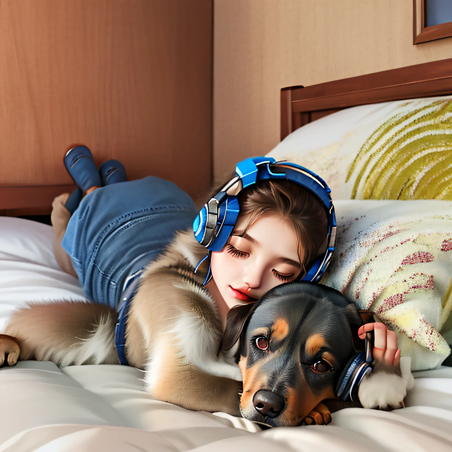 inside a room， girl wearing headphones，Lie on your back on the bed，Dog companionship