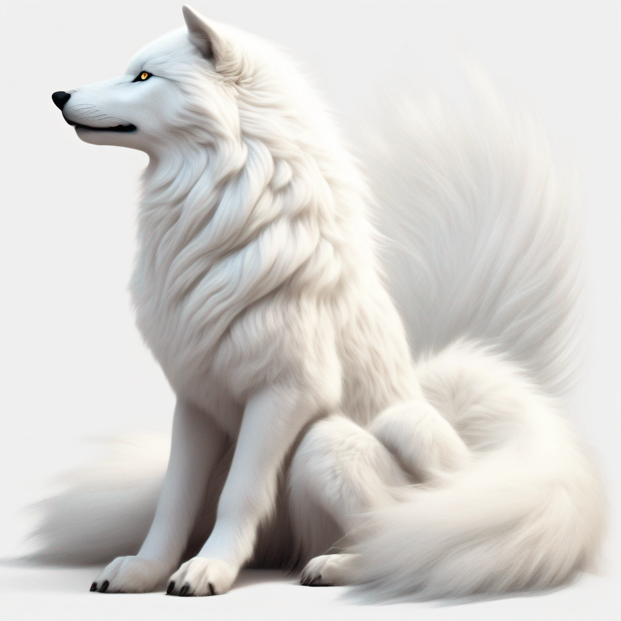 There is a white wolf with a long tail sitting on the ground, dramatic cinematic detailed fur, arte peluda muito bonita, arte de fantasia peluda, NineTales, pele hiper realista, wlop intrincado, lobo branca - cabelo, nove caudas, loish e wlop, lobo peludo, O estilo do WLOP, ethereal fox, O melhor da artstation