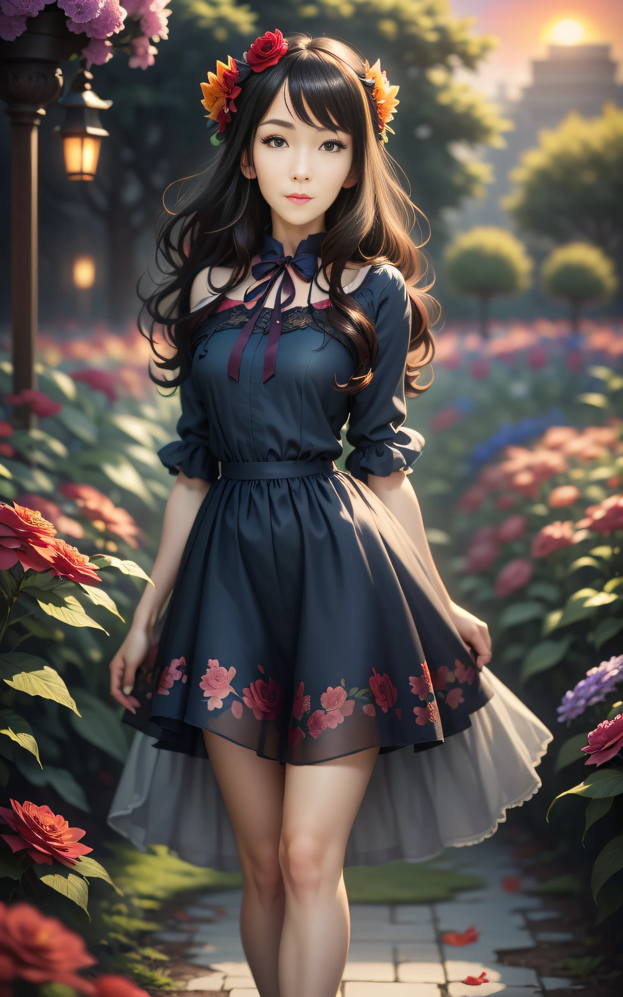 Full body photo,((((Slim body)))),20 years old、Twilight rays、Underwear showing through,Sheer summer dress、Flower crown,((Tokugawaen))), rose front bokeh, Bokeh, Photorealistic, surrounded by colorful roses,((Smiling)))),(1 girl), (Sunset:1.3), (8k, RAW photo, Best quality, Masterpiece:1.2), (Real, Photorealistic:1.37), Best Quality, Ultra High Definition, (Standing in the Flower Garden:1.3), (Vibrant and Colorful:1.3)