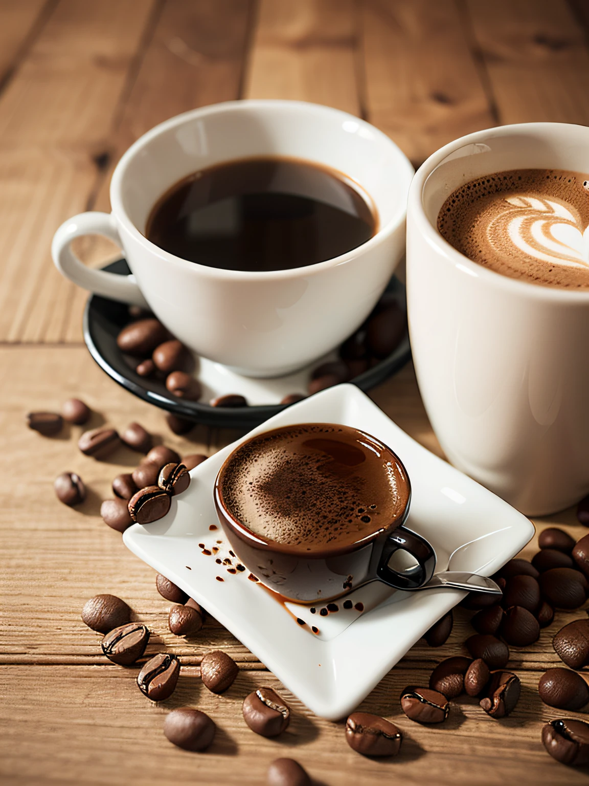 A collection of several coffee beans and a cup of coffee on a wooden background, estilo: flat lay --ar 3:2, foto realismo, obra prima, melhor qualidade