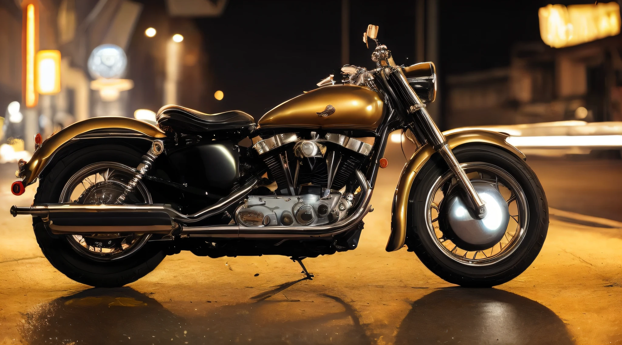 moto harley, harley, moto preta, estrada asfaltada, noite chuvosa, reflexo das luzes, ano 1969, 1969, 60s, vintage, classic, motocicleta, roupa de couro preta, 60s,