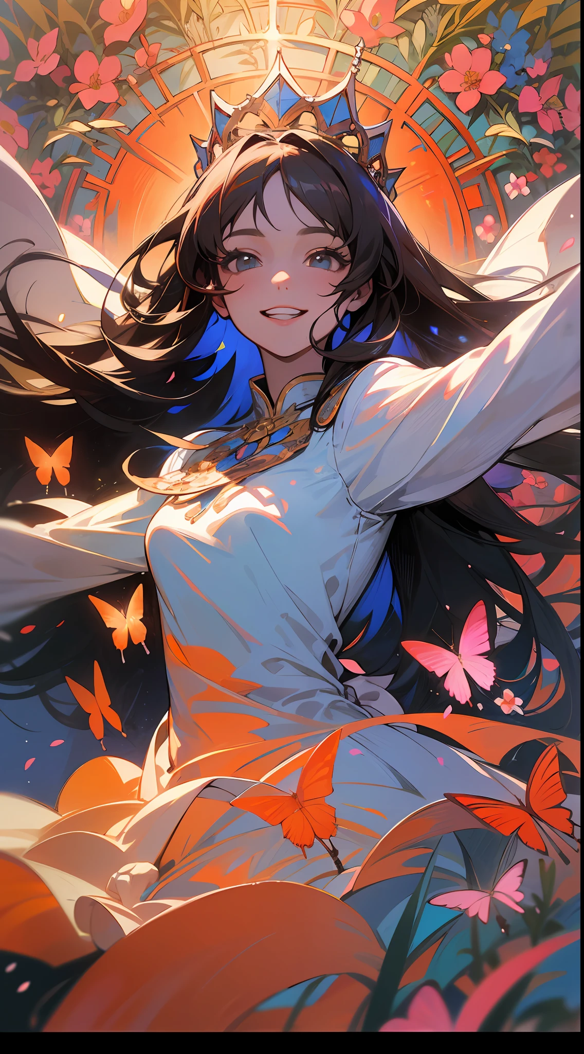 Alpha ounce Mucha, (Decorative composition: 1.6), Masterpiece, High quality, ((Photorealistic)), cinematic direction, (High contrast), Depth of field, (award-winning difference photo), facial detailing, Detailed drawing, there is a place in the forest where flowers bloom, girl dancing in a snow-white summer dress in a flower garden, girl is 9 , very long hair，Brunette Hair, Summer sky, Summer clouds, (dazzling sunlight in summer: 1.4), Flower Garden, girl with open arms, gargantilha, flower tiara, butterflies, Fluttering petals, dynamic movement, (Dance), Make a smile, showing teeth, (((flowers))), liana, leaf, (dazzling halo),