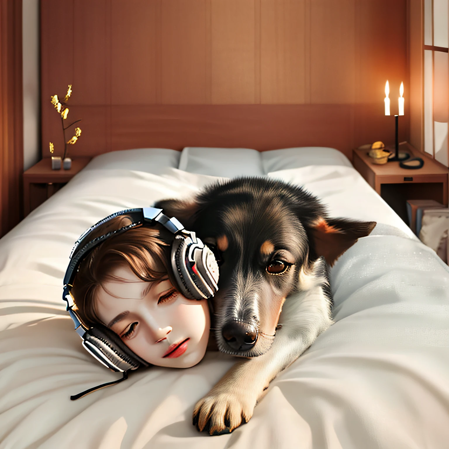 inside a room，Little girl wearing headphones，Lie on your back on the bed，Dog companionship
