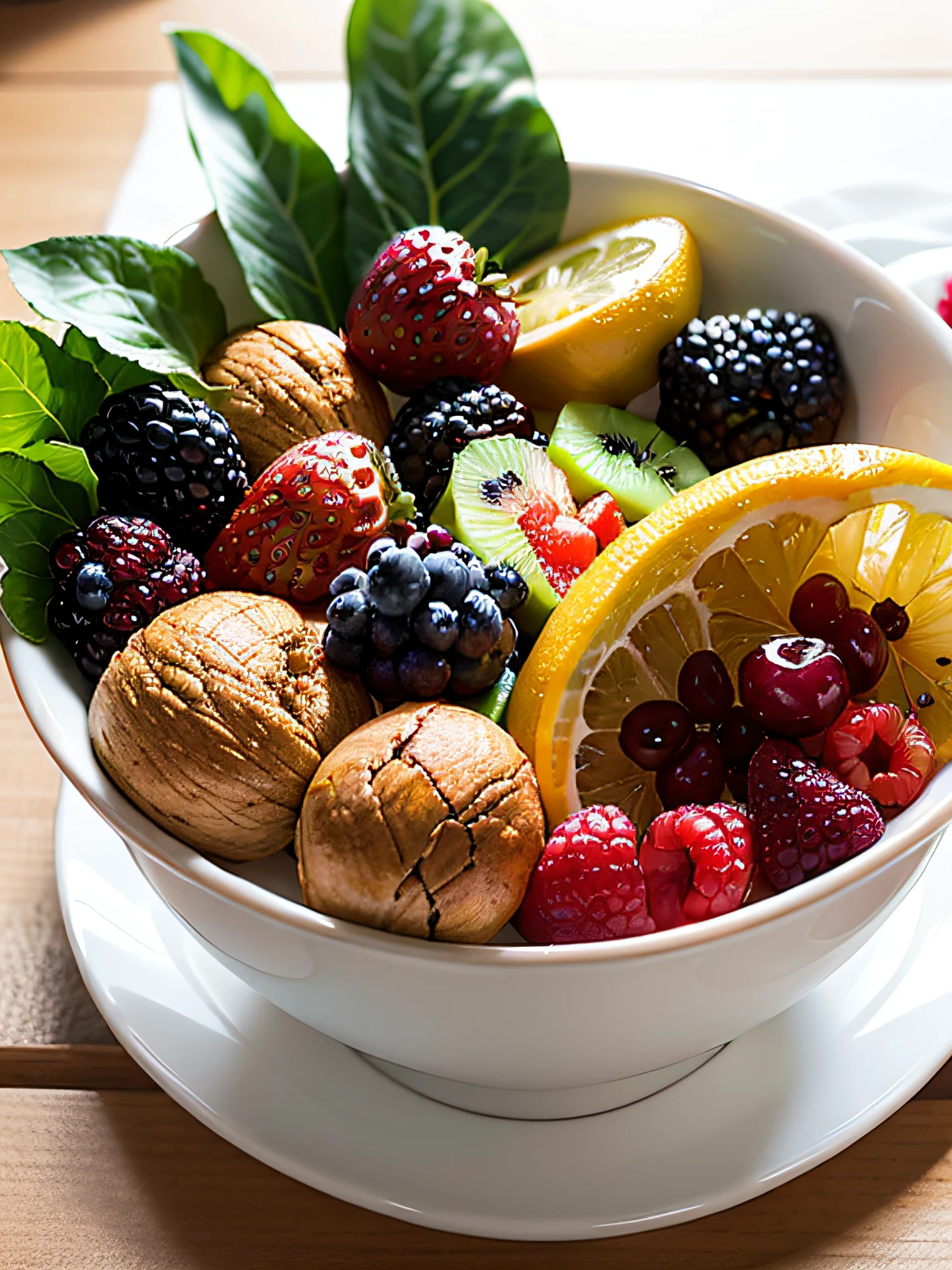 A healthy and delicious looking bowl of mixed fruits and berries, style: natural lighting --ar 3:2