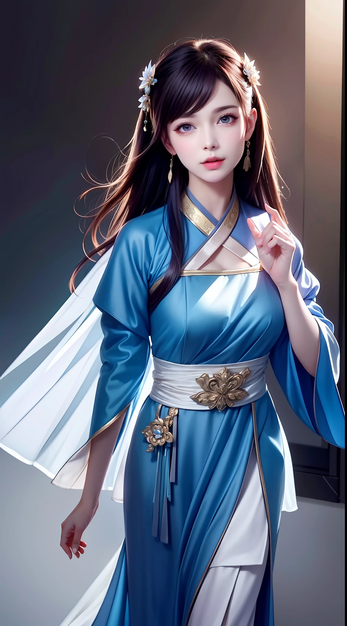 Hanfu, National Style 3.2, Full Body, Walking Posture, Slow Motion, Men Wear Full Body Multi-layered (Heavy Robe: 1.2), (Blue Ice Flower Long Dress: 1.2), Gloves, (Very Detailed, Bloom: 1.5), (Highest Quality, Alessandro Casagrande, Greg Rutkowski, Sally Mann, Concept Art, 4k), (Analog: 1.2), (High Definition), (Detail Pupil: 1.1), (Painting: 1.1), (Digital Painting: 1.1), Detailed Face and Eyes, Masterpiece, Best Quality, (Highly Detailed Photo: 1.1), 8K, Realistic, (Ice Hair Color, Dynamic Hairstyle), (pureerosface_v1:0.1), Jeremy Mann, Sandra Chevrier, Maciej Kuciara, Sharp, (torn body: 1.1), realistic, realistic shadows, (ice background: 1.2), (Michelangelo), ohwx style<lora: (style of ohwx) masterpiece, best quality, (extremely detailed CG unity 8k wallpaper, masterpiece, best quality, ultra-detailed, best shadow), (detailed background), (beautiful detailed face, beautiful detailed eyes), High contrast, (best illumination, an extremely delicate and beautiful), (girl:1.5), ((Not relevant)), ((caustic)), dynamic angle, beautiful detailed glow, (portrait:0.2),dynamic angle, beautiful detailed glow, (portrait:0.2),pigtail,full body,