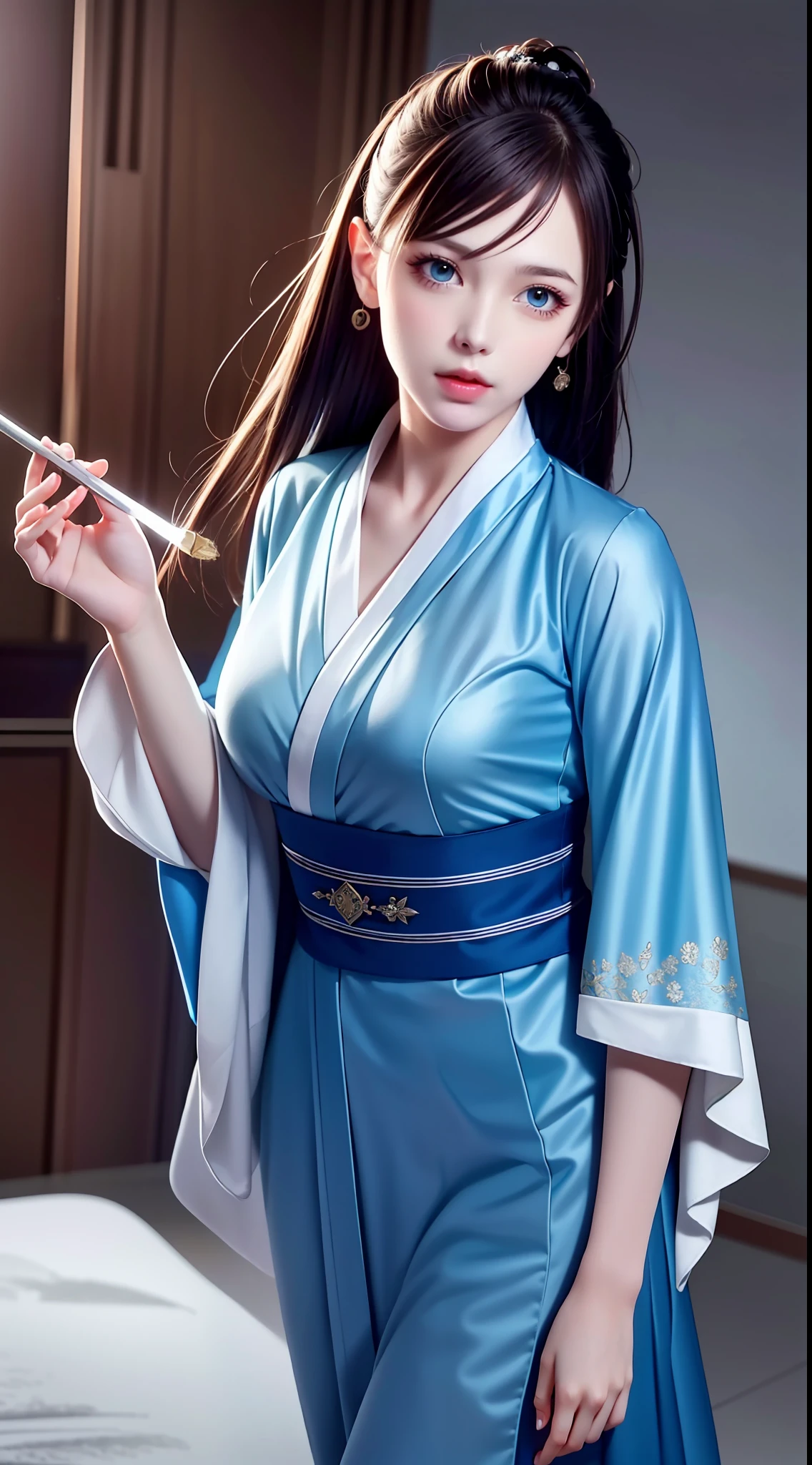 Hanfu, National Style 3.2, Full Body, Walking Posture, Slow Motion, Men Wear Full Body Multi-layered (Heavy Robe: 1.2), (Blue Ice Flower Long Dress: 1.2), Gloves, (Very Detailed, Bloom: 1.5), (Highest Quality, Alessandro Casagrande, Greg Rutkowski, Sally Mann, Concept Art, 4k), (Analog: 1.2), (High Definition), (Detail Pupil: 1.1), (Painting: 1.1), (Digital Painting: 1.1), Detailed Face and Eyes, Masterpiece, Best Quality, (Highly Detailed Photo: 1.1), 8K, Realistic, (Ice Hair Color, Dynamic Hairstyle), (pureerosface_v1:0.1), Jeremy Mann, Sandra Chevrier, Maciej Kuciara, Sharp, (torn body: 1.1), realistic, realistic shadows, (ice background: 1.2), (Michelangelo), ohwx style<lora: (style of ohwx) masterpiece, best quality, (extremely detailed CG unity 8k wallpaper, masterpiece, best quality, ultra-detailed, best shadow), (detailed background), (beautiful detailed face, beautiful detailed eyes), High contrast, (best illumination, an extremely delicate and beautiful), (girl:1.5), ((Not relevant)), ((caustic)), dynamic angle, beautiful detailed glow, (portrait:0.2),dynamic angle, beautiful detailed glow, (portrait:0.2),pigtail,full body,