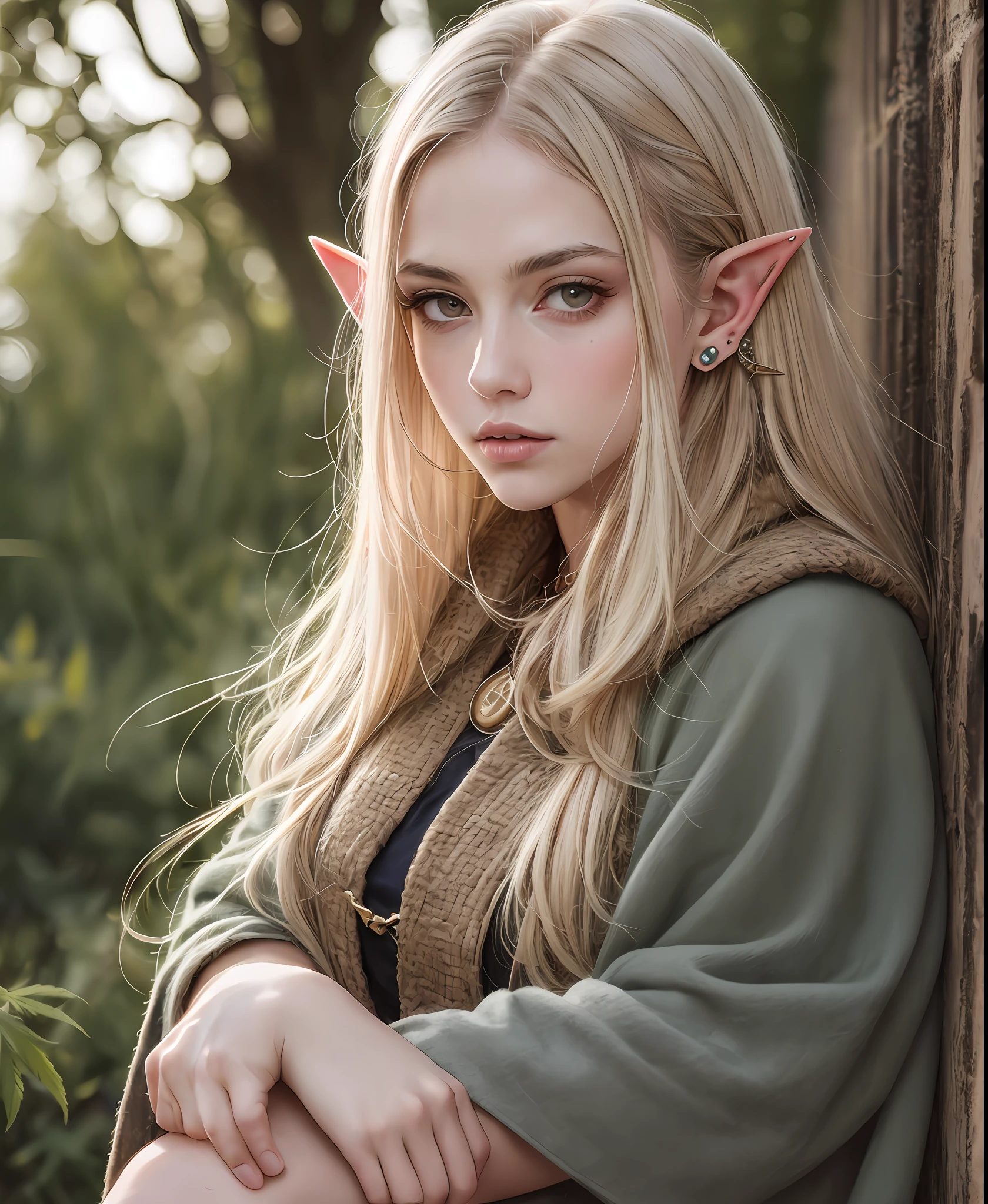 A beautiful french emo ((woman)) highly defined elven features big eyes ,peroxide ((long blonde messy windswept hair)) flowers in hair,(((pointed ears))), sitting in highly detailed rural french (meadow) setting ,wearing Medieval cloak hood and (furs, leathers, and roughly spun cloths, such as hemp or linen). eyeliner, blush,, natural professional photography, Sony fx6 digital camera, atmospheric, highly detailed, UHD, both eyes the same, masterpiece, high resolution, ultra quality, 16K, skin pores, matte, model pose ,Patrick Lichfield, rule of thirds