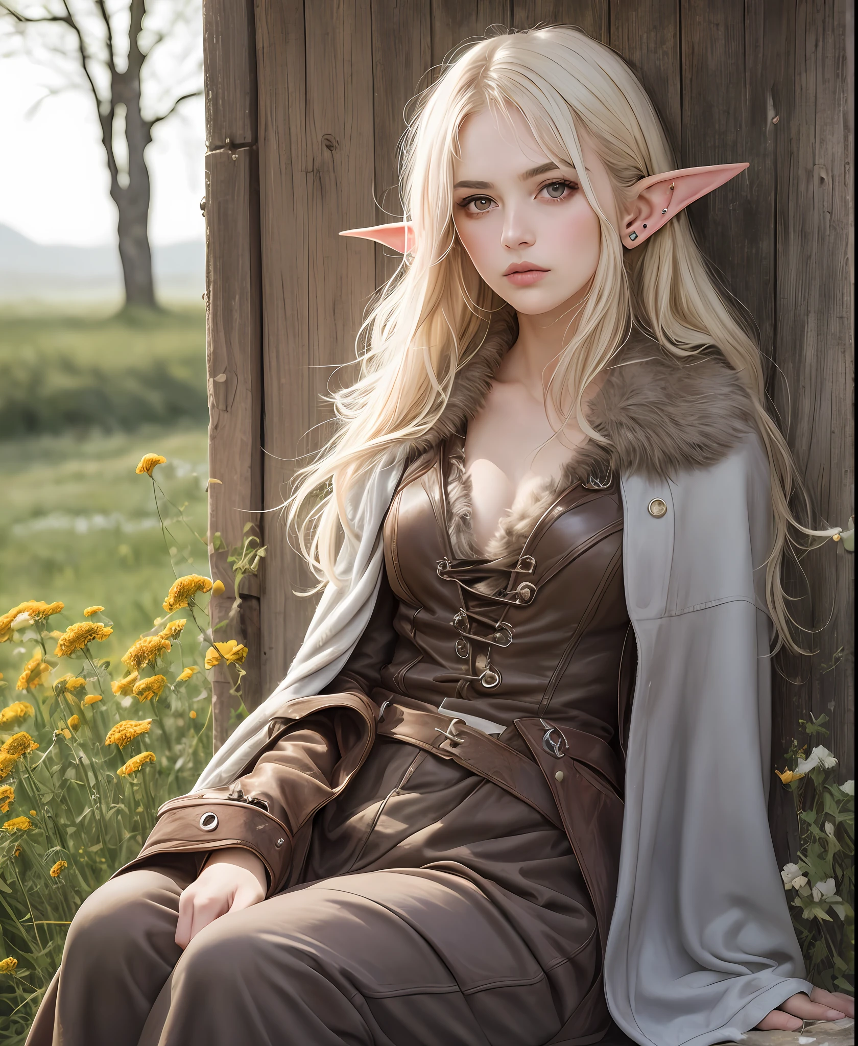 A beautiful french emo ((woman)) highly defined elven features big eyes ,peroxide ((long blonde messy windswept hair)) flowers in hair,(((pointed ears))), sitting in highly detailed rural french (meadow) setting ,wearing Medieval cloak hood and (furs, leathers, and roughly spun cloths, such as hemp or linen). eyeliner, blush,, natural professional photography, Sony fx6 digital camera, atmospheric, highly detailed, UHD, both eyes the same, masterpiece, high resolution, ultra quality, 16K, skin pores, matte, model pose ,Patrick Lichfield, rule of thirds
