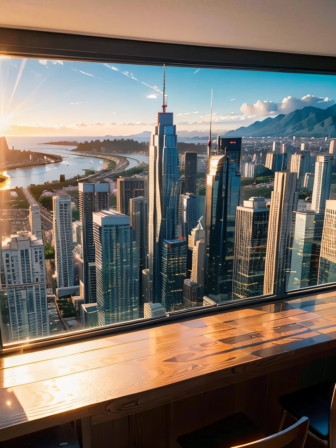 A panoramic cityscape view during the golden hour, style: natural colors --ar 3:2