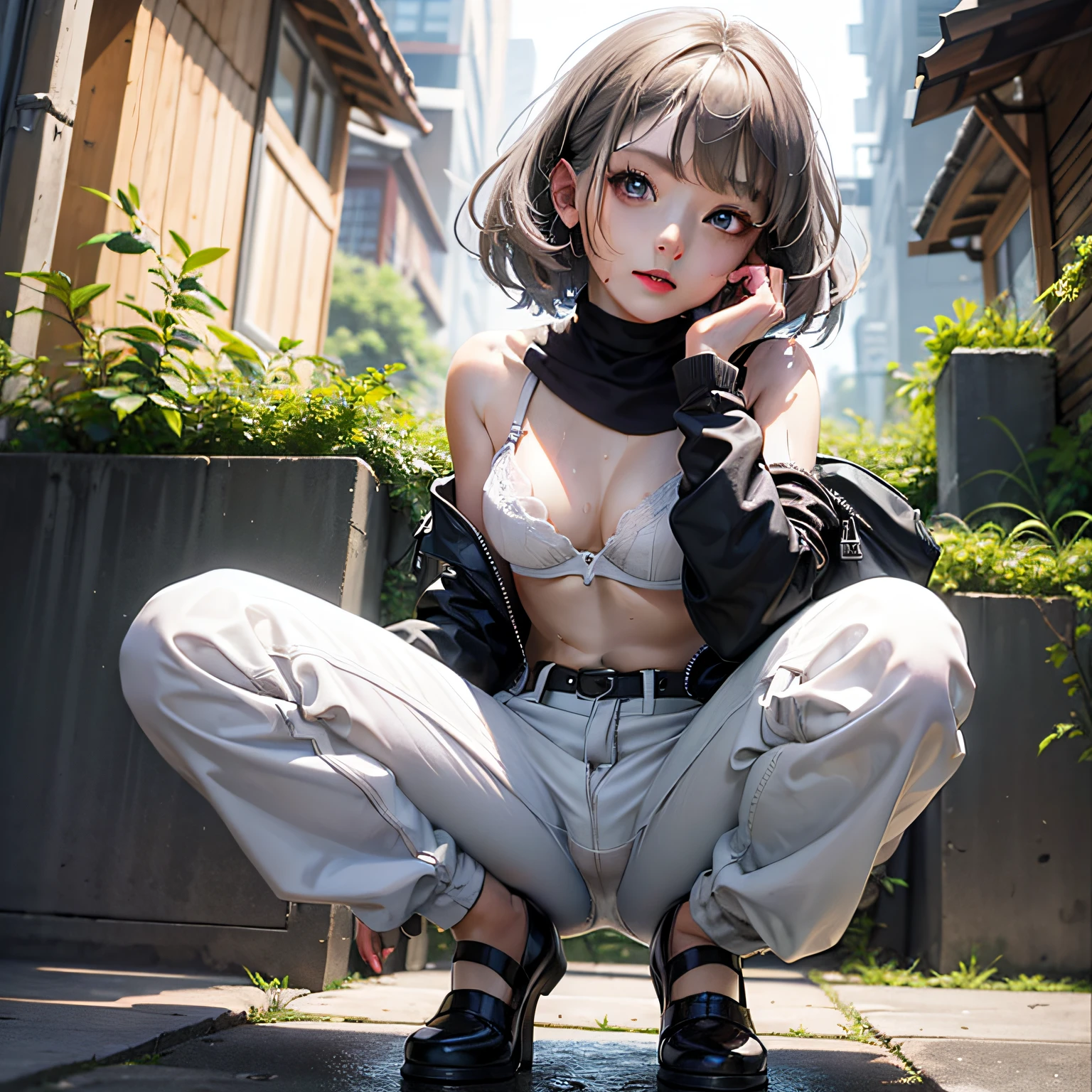 Glossy underwear、Shorter, Messy gray hair、big eye、small head、Cute One Girl、squat and open your legs、In the hut、Pants are wet