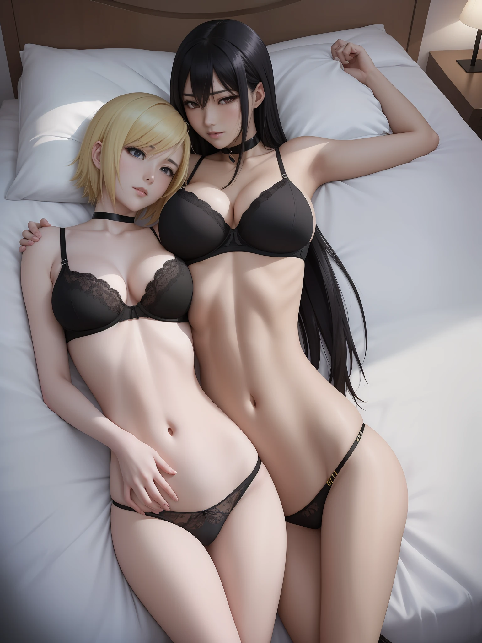 masterpiece, ultra detailed, realistic anime, two asian women in bed, one with short blonde hair, one with long black hair, lying in bed, cuddling, side hug, aroused expressions, looking at each other, loose black bra and panties, choker, (longtorso:1.2), tall, wide hips, big boobs