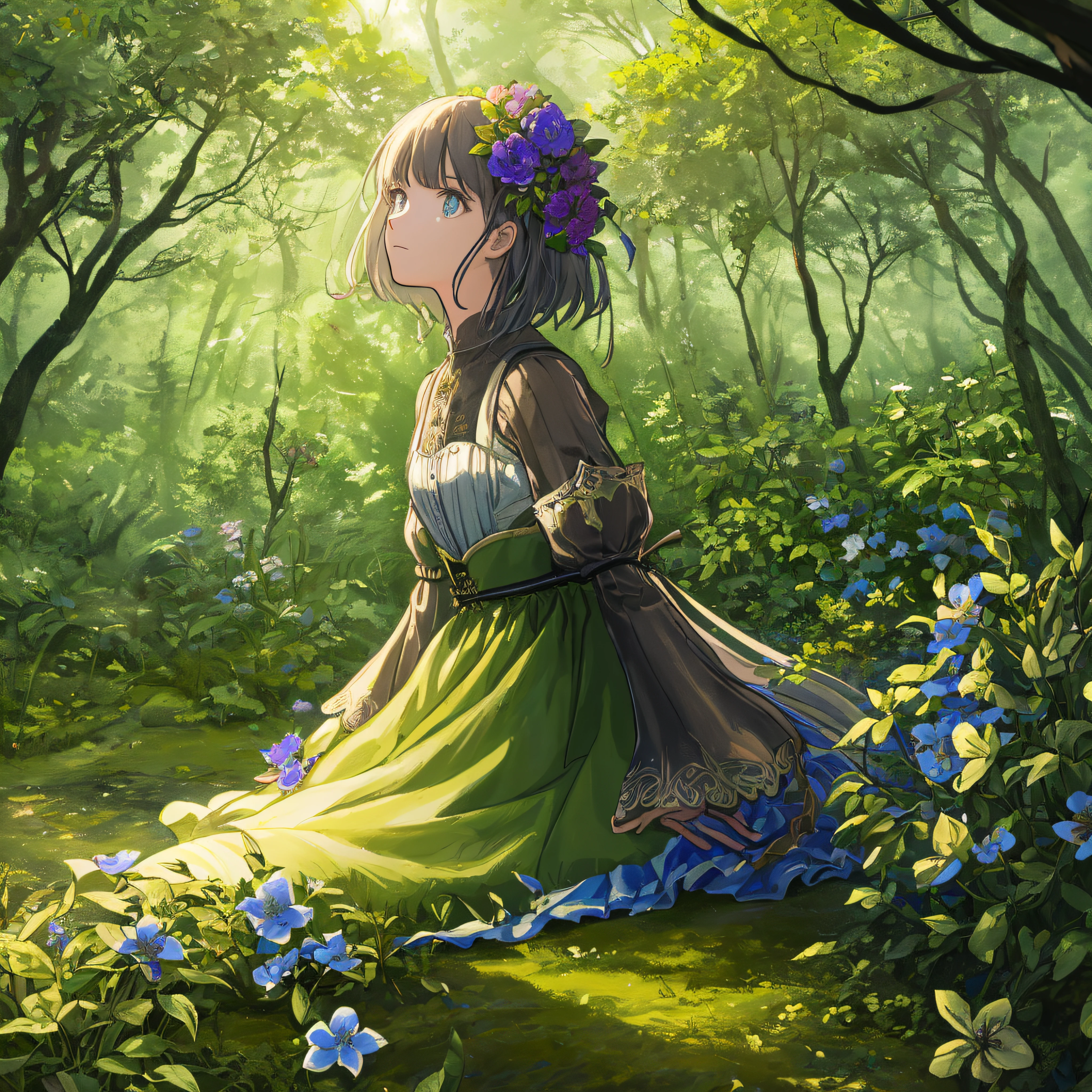 Masterpiece, best quality, (very detailed CG unity 8k wallpaper) (best quality), (best illustration), (best shadows) Nature', dark forest with a small translucent flower on the ground