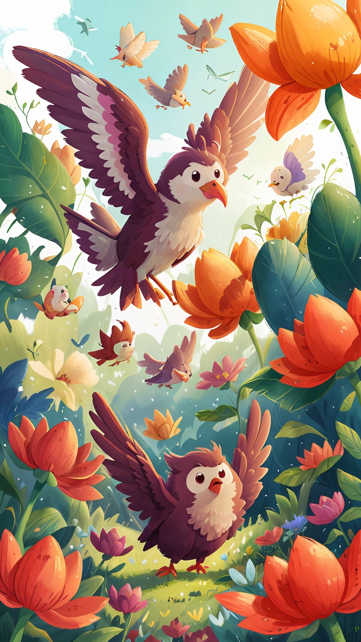 birds are flying in the flower field