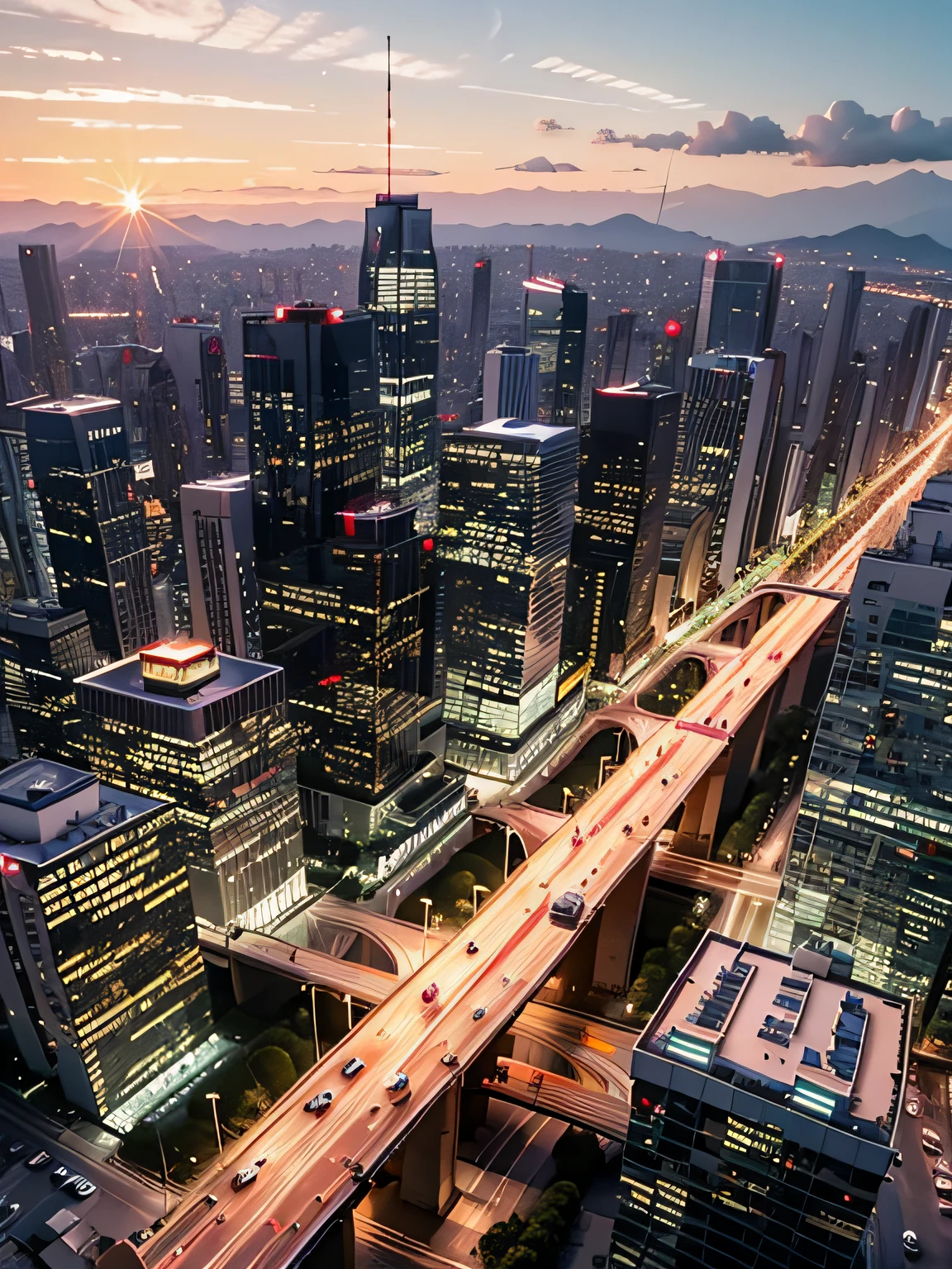 A panoramic cityscape view during the golden hour, style: natural colors --ar 3:2