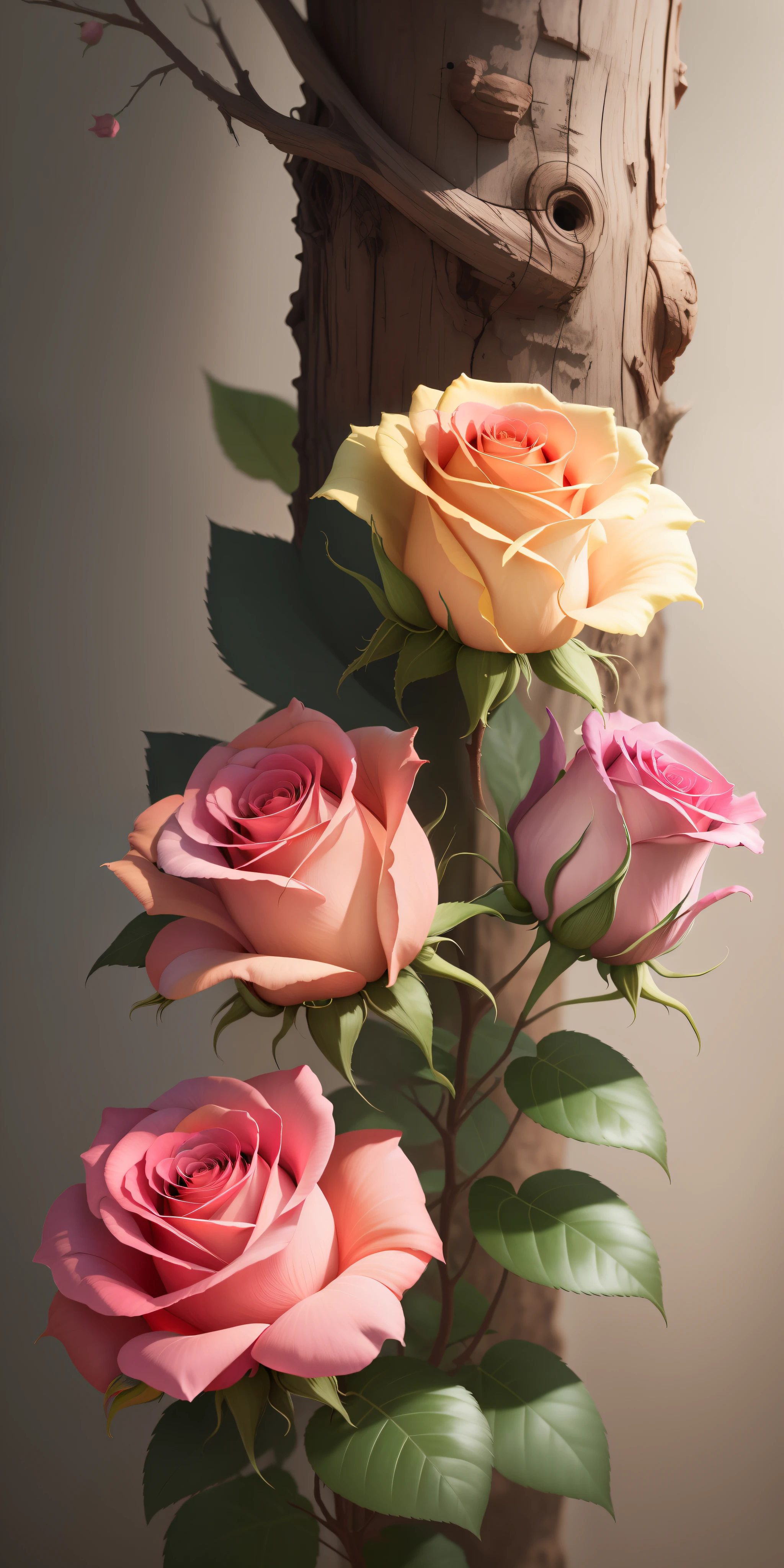 Three pink roses, three pink roses in tree,rose,dark background,high resolution,high quality