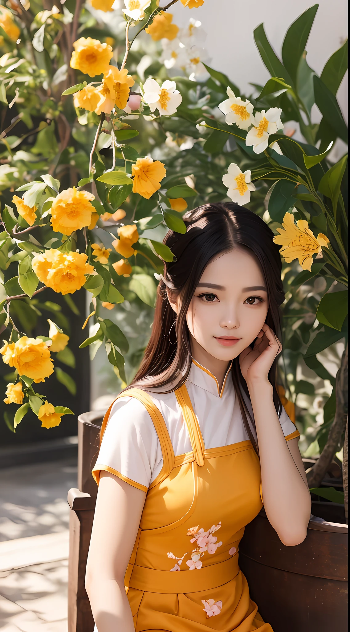 masterpiece, best quality, realistic, cinematic,
1girl, sitting, close-up portrait, red aodai, (smile:0.8), (yellow apricot blossom, (potted flowers:1.2), flowers, falling petals, tree branch),