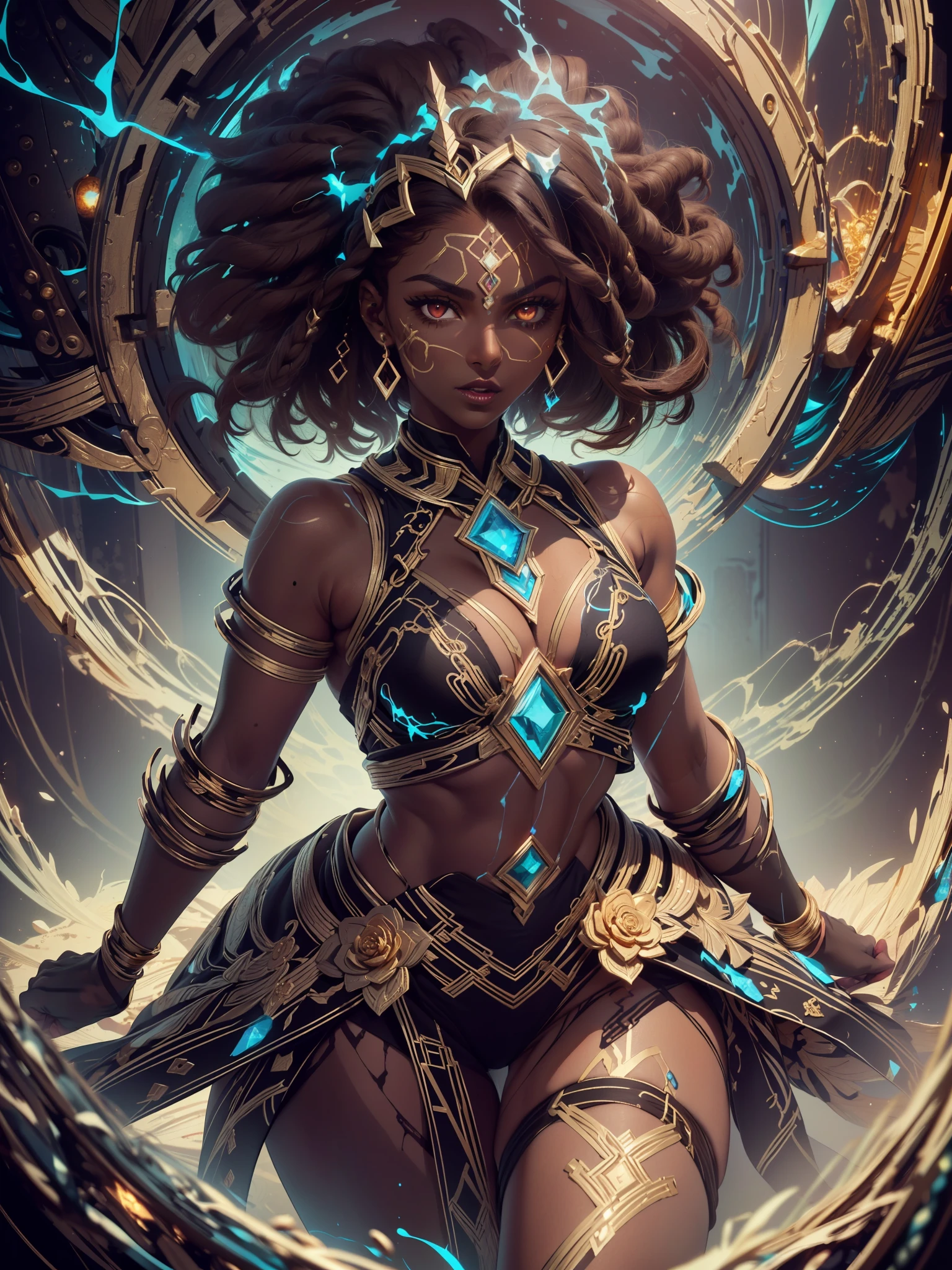 Realism, (Masterpiece, Top Quality, Best Quality, Official Art, Beauty and Aesthetics: 1.2), Very Detailed, Fractal Art, Colorful, Most Detailed, Zentangle, (Abstract Background: 1.5) (1girl), (dark skin:1.8),(thick lips:1.4) God, brown Hair, Short Hair, (Glowing gold Eyes:1.3), Abs, Mysterious, (Magic), Crystal --auto