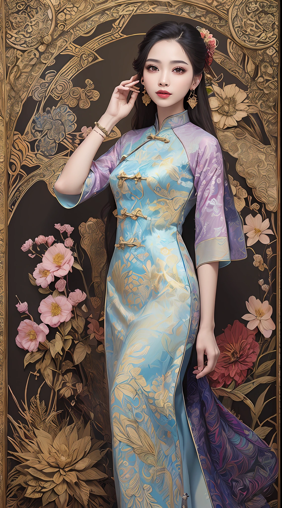 (masterpiece, top quality, best quality, official art, beautiful and aesthetic:1.2), (a beautiful girl in vintage aodai:1.3), extremely detailed,(fractal art:1.1),(colorful:1.1)(flowers:1.3),highest detailed,(zentangle:1.2), (dynamic pose), (abstract background:1.3), (vietnam Traditional cloth:1.2), (shiny skin), (many colors:1.4), ,(earrings:1.4),