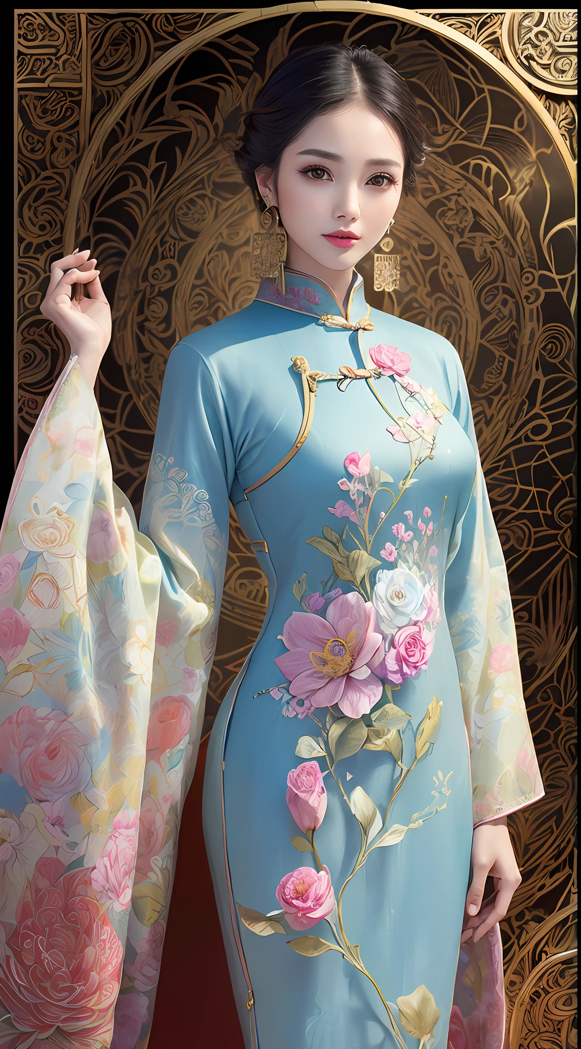 (masterpiece, top quality, best quality, official art, beautiful and aesthetic:1.2), (a beautiful girl in vintage aodai:1.3), extremely detailed,(fractal art:1.1),(colorful:1.1)(flowers:1.3),highest detailed,(zentangle:1.2), (dynamic pose), (abstract background:1.3), (vietnam Traditional cloth:1.2), (shiny skin), (many colors:1.4), ,(earrings:1.4),