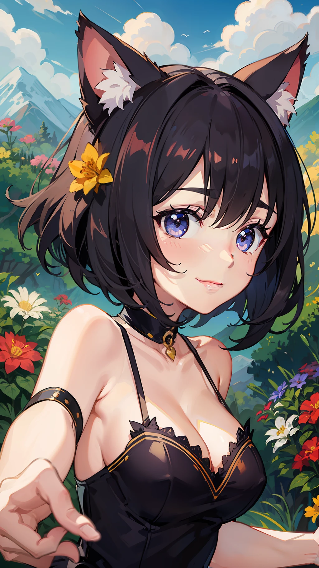 one woman,cat costume,dancing,tiny breasts,short of a person,cute face,drooping eyes,thin eyebrows,big eyes,smiling,flushed cheeks,bob hair,wave hair,outdoor,sky,mountain,flower garden,cat ears,anime style,masterpiece, extremely fine and beautiful,illustration
