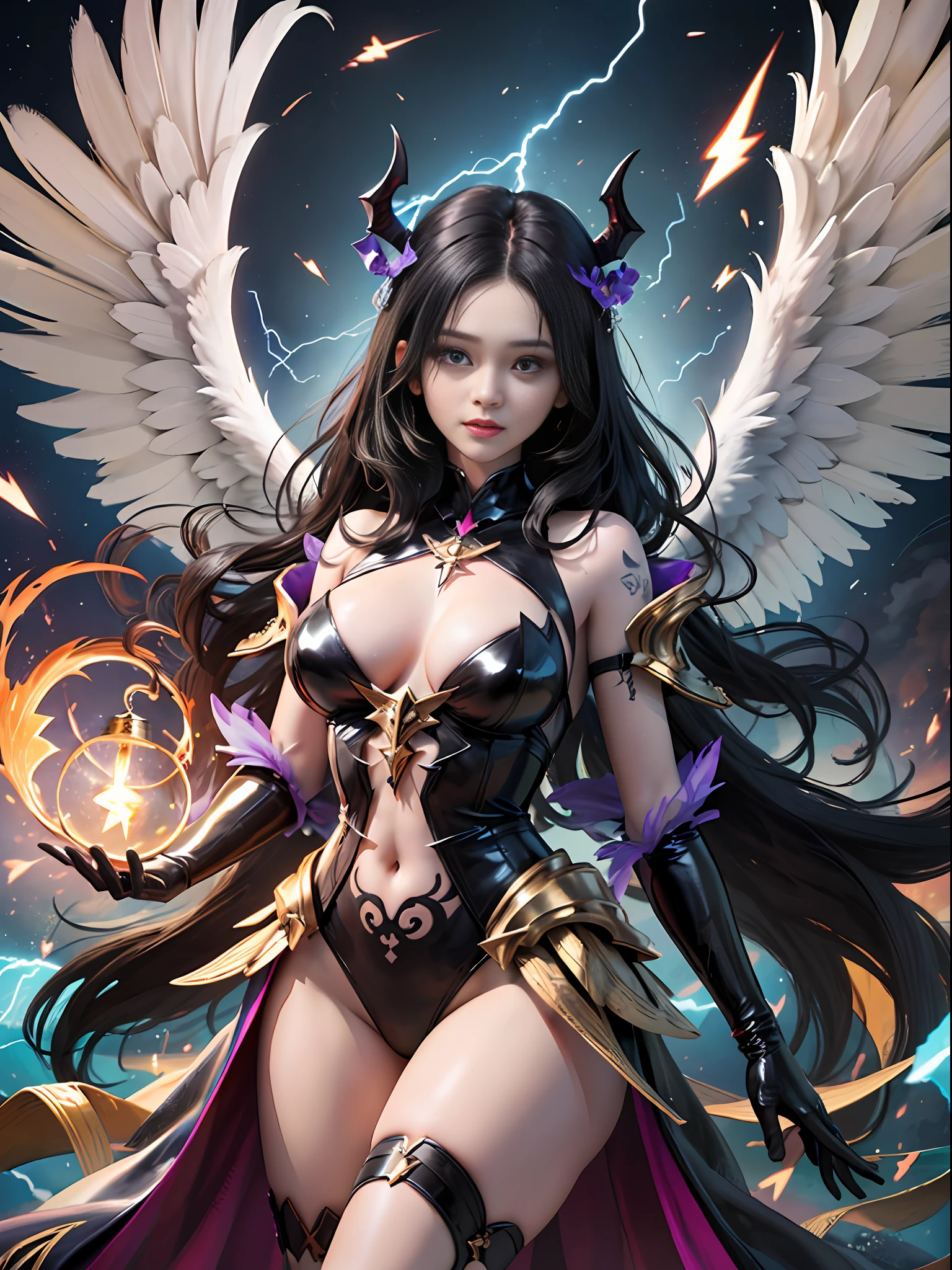 Describe a scene where a group of fallen angels fly through the sky to create a magical dark show。They are celebrating a great victory over the holy threat。Its wings sparkle with bright colors。Show me the scene where the angel turns into a demon。Jet-black wings。tattoo。gloves。lightning。lightning。Lightning sphere magic in the hand。torn clothes。