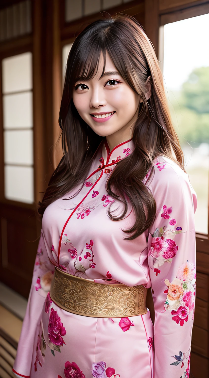1girls、Japanese person、Beautiful people、red Cheongsam、Watching the view、Sorrisos(Sorrisos:1.15)、medium chest、beautifuldetailedeyes、sunshine、slong hair(slong hair:1.4)、(8K、maximum quality、masterwork:1.2)、(Realstic、pfotorealistic:1.37)、Ultra-detail、cowboy+trousers