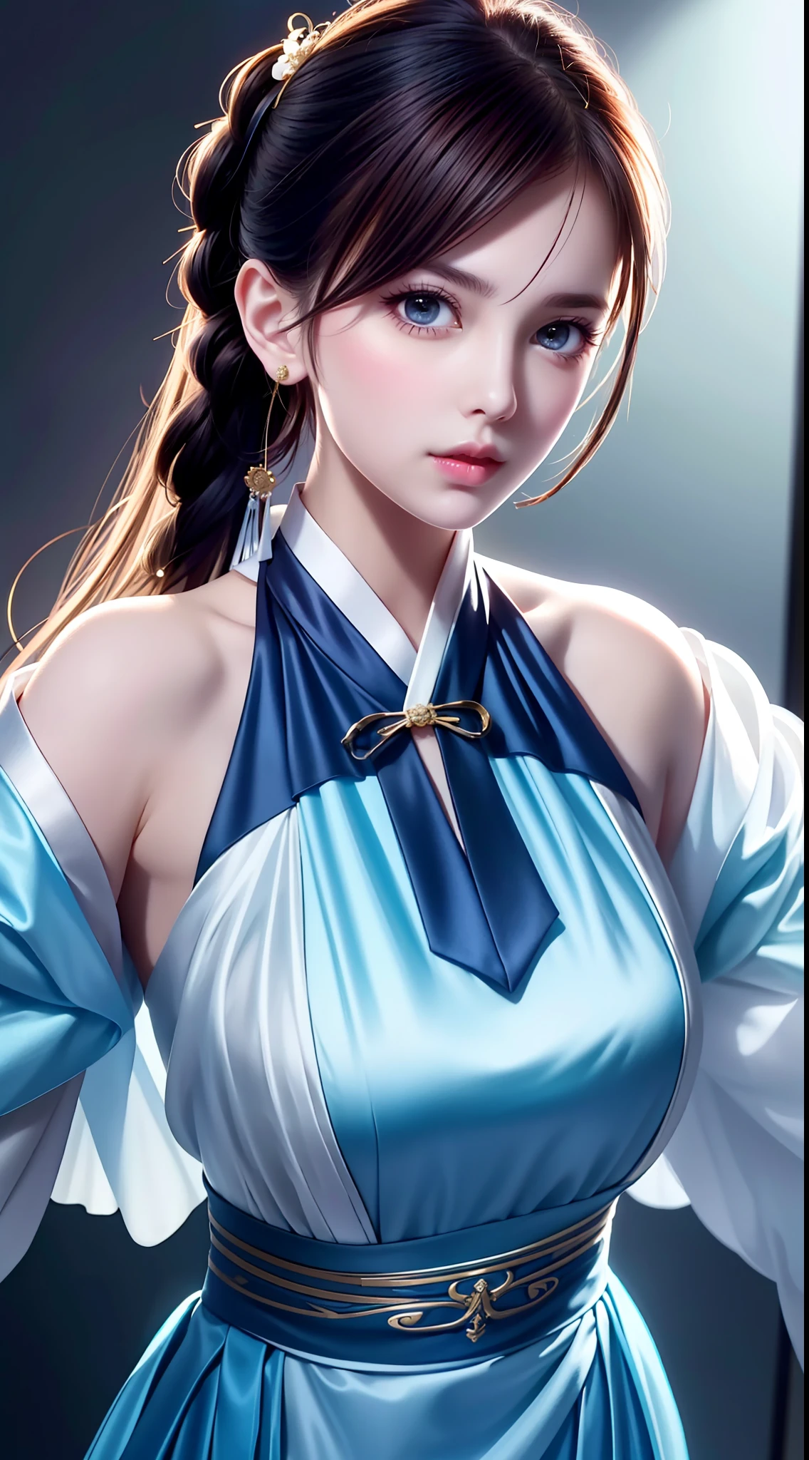 Hanfu, National Style 3.2, Full Body, Walking Posture, Slow Motion, Men Wear Full Body Multi-layered (Heavy Robe: 1.2), (Blue Ice Flower Long Dress: 1.2), Gloves, (Very Detailed, Bloom: 1.5), (Highest Quality, Alessandro Casagrande, Greg Rutkowski, Sally Mann, Concept Art, 4k), (Analog: 1.2), (High Definition), (Detail Pupil: 1.1), (Painting: 1.1), (Digital Painting: 1.1), Detailed Face and Eyes, Masterpiece, Best Quality, (Highly Detailed Photo: 1.1), 8K, Realistic, (Ice Hair Color, Dynamic Hairstyle), (pureerosface_v1:0.1), Jeremy Mann, Sandra Chevrier, Maciej Kuciara, Sharp, (torn body: 1.1), realistic, realistic shadows, (ice background: 1.2), (Michelangelo), ohwx style<lora: (style of ohwx) masterpiece, best quality, (extremely detailed CG unity 8k wallpaper, masterpiece, best quality, ultra-detailed, best shadow), (detailed background), (beautiful detailed face, beautiful detailed eyes), High contrast, (best illumination, an extremely delicate and beautiful), (girl:1.5), ((Not relevant)), ((caustic)), dynamic angle, beautiful detailed glow, (portrait:0.2),dynamic angle, beautiful detailed glow, (portrait:0.2),pigtail,full body,