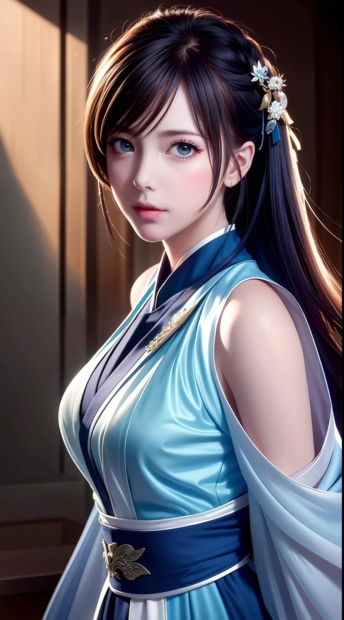 Hanfu, National Style 3.2, Full Body, Walking Posture, Slow Motion, Men Wear Full Body Multi-layered (Heavy Robe: 1.2), (Blue Ice Flower Long Dress: 1.2), Gloves, (Very Detailed, Bloom: 1.5), (Highest Quality, Alessandro Casagrande, Greg Rutkowski, Sally Mann, Concept Art, 4k), (Analog: 1.2), (High Definition), (Detail Pupil: 1.1), (Painting: 1.1), (Digital Painting: 1.1), Detailed Face and Eyes, Masterpiece, Best Quality, (Highly Detailed Photo: 1.1), 8K, Realistic, (Ice Hair Color, Dynamic Hairstyle), (pureerosface_v1:0.1), Jeremy Mann, Sandra Chevrier, Maciej Kuciara, Sharp, (torn body: 1.1), realistic, realistic shadows, (ice background: 1.2), (Michelangelo), ohwx style<lora: (style of ohwx) masterpiece, best quality, (extremely detailed CG unity 8k wallpaper, masterpiece, best quality, ultra-detailed, best shadow), (detailed background), (beautiful detailed face, beautiful detailed eyes), High contrast, (best illumination, an extremely delicate and beautiful), (girl:1.5), ((Not relevant)), ((caustic)), dynamic angle, beautiful detailed glow, (portrait:0.2),dynamic angle, beautiful detailed glow, (portrait:0.2),pigtail,full body,