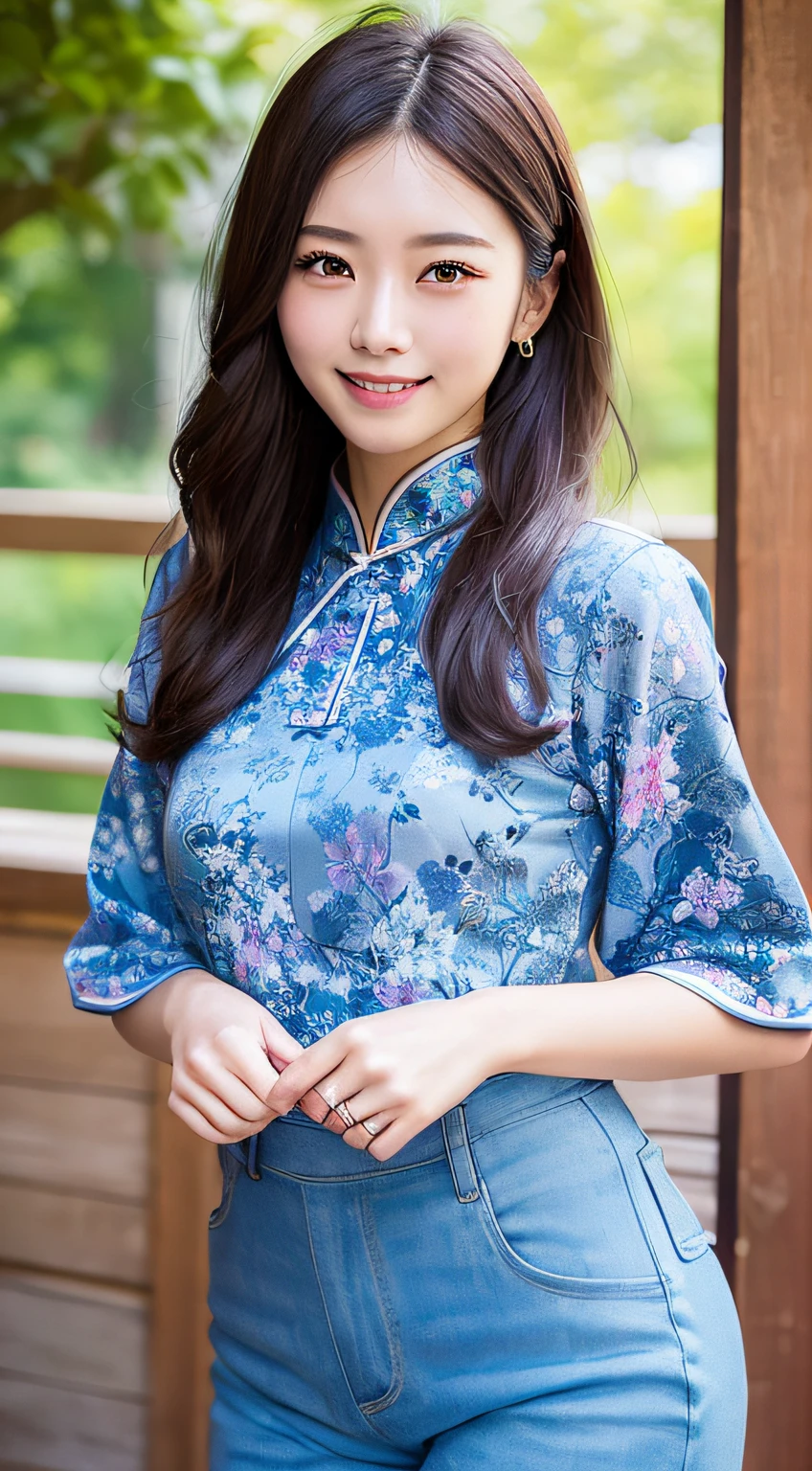 1girls、Japanese person、Beautiful people、red Cheongsam、Watching the view、Sorrisos(Sorrisos:1.15)、medium chest、beautifuldetailedeyes、sunshine、slong hair(slong hair:1.4)、(8K、maximum quality、masterwork:1.2)、(Realstic、pfotorealistic:1.37)、Ultra-detail、cowboy+trousers