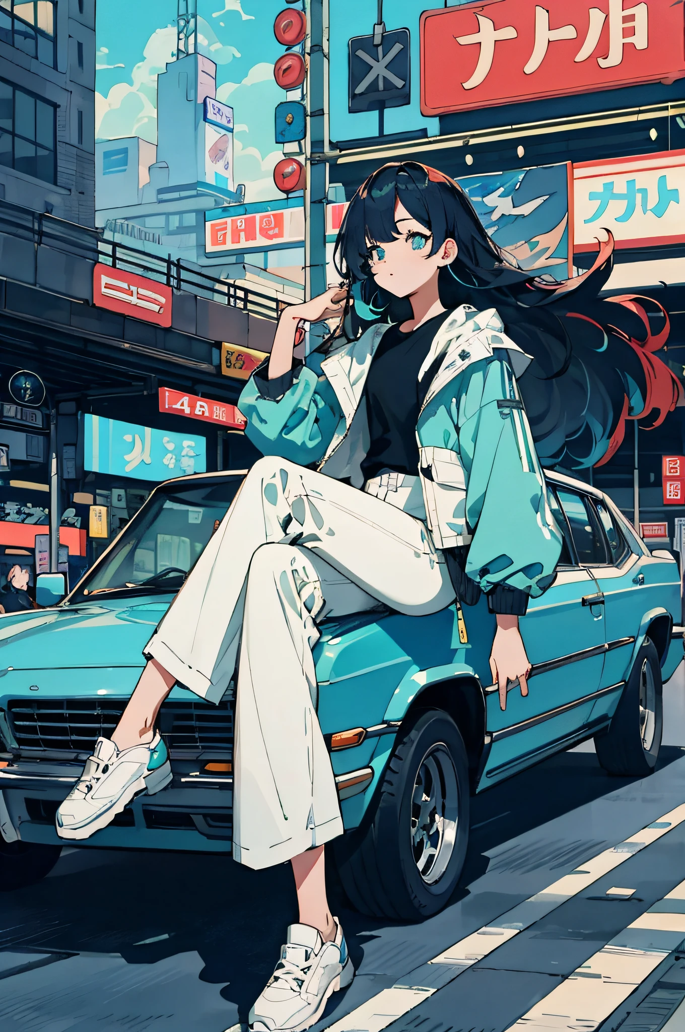 Best quality, 4k wallpaper, Masterpiece, Extremely detailed CG unity 8k wallpaper, Extremely detailed eyes, Ultra-detailed, Intricate details, 1girls,  Kobo, multicolored hair, Long hair, aqua eyes, jacket, White pants, character art style, retro art style,  public, Outdoors, Sitting, car, road sign, City,