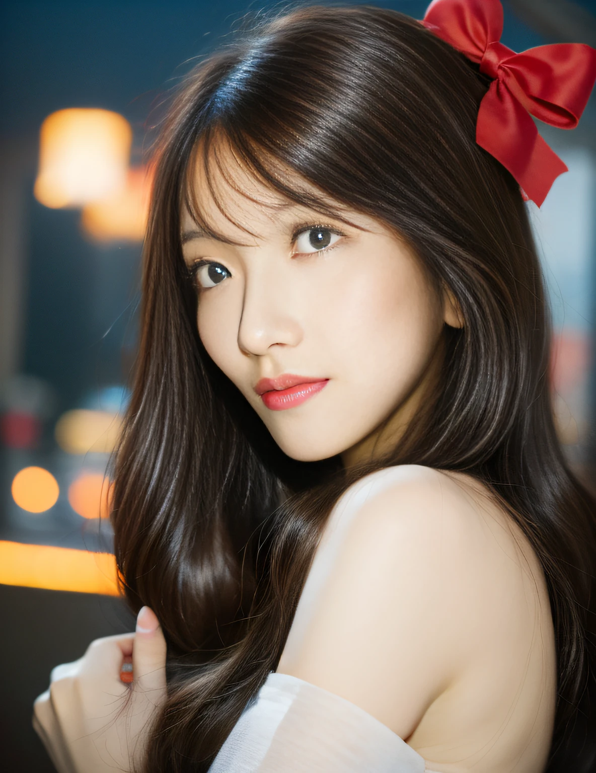 (extremely delicate and beautiful:1.2),1girl, bangs, blue eyes, blurry, blurry background, bow, brown hair, closed mouth, from side, hair between eyes, hair bow, lantern, light particles, long sleeves, looking at viewer, medium hair, night, red bow, solo, star \(symbol\), upper body,smile,red lips