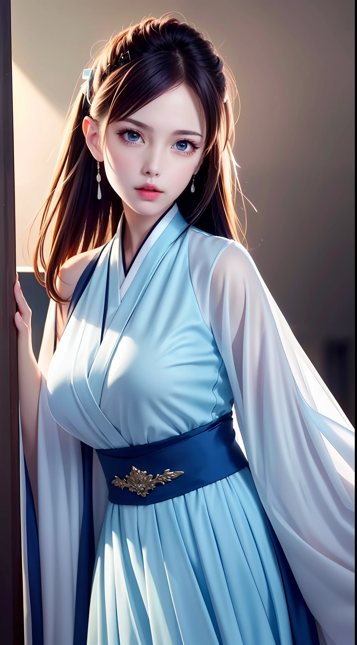 Hanfu, National Style 3.2, Full Body, Walking Posture, Slow Motion, Men Wear Full Body Multi-layered (Heavy Robe: 1.2), (Blue Ice Flower Long Dress: 1.2), Gloves, (Very Detailed, Bloom: 1.5), (Highest Quality, Alessandro Casagrande, Greg Rutkowski, Sally Mann, Concept Art, 4k), (Analog: 1.2), (High Definition), (Detail Pupil: 1.1), (Painting: 1.1), (Digital Painting: 1.1), Detailed Face and Eyes, Masterpiece, Best Quality, (Highly Detailed Photo: 1.1), 8K, Realistic, (Ice Hair Color, Dynamic Hairstyle), (pureerosface_v1:0.1), Jeremy Mann, Sandra Chevrier, Maciej Kuciara, Sharp, (torn body: 1.1), realistic, realistic shadows, (ice background: 1.2), (Michelangelo), ohwx style<lora: (style of ohwx) masterpiece, best quality, (extremely detailed CG unity 8k wallpaper, masterpiece, best quality, ultra-detailed, best shadow), (detailed background), (beautiful detailed face, beautiful detailed eyes), High contrast, (best illumination, an extremely delicate and beautiful), (girl:1.5), ((Not relevant)), ((caustic)), dynamic angle, beautiful detailed glow, (portrait:0.2),dynamic angle, beautiful detailed glow, (portrait:0.2),pigtail,full body,