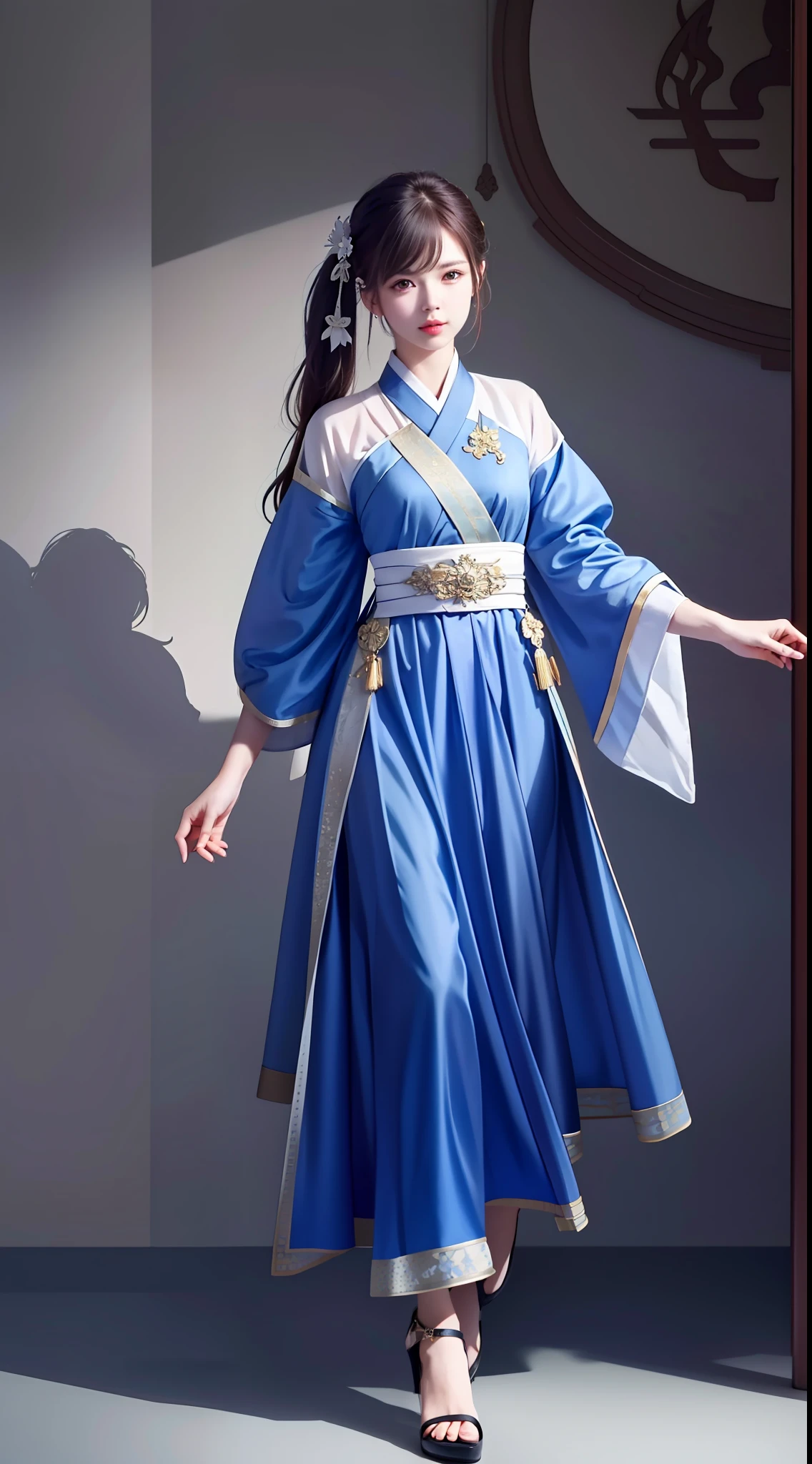 Hanfu, National Style 3.2, Full Body, Walking Posture, Slow Motion, Men Wear Full Body Multi-layered (Heavy Robe: 1.2), (Blue Ice Flower Long Dress: 1.2), Gloves, (Very Detailed, Bloom: 1.5), (Highest Quality, Alessandro Casagrande, Greg Rutkowski, Sally Mann, Concept Art, 4k), (Analog: 1.2), (High Definition), (Detail Pupil: 1.1), (Painting: 1.1), (Digital Painting: 1.1), Detailed Face and Eyes, Masterpiece, Best Quality, (Highly Detailed Photo: 1.1), 8K, Realistic, (Ice Hair Color, Dynamic Hairstyle), (pureerosface_v1:0.1), Jeremy Mann, Sandra Chevrier, Maciej Kuciara, Sharp, (torn body: 1.1), realistic, realistic shadows, (ice background: 1.2), (Michelangelo), ohwx style<lora: (style of ohwx) masterpiece, best quality, (extremely detailed CG unity 8k wallpaper, masterpiece, best quality, ultra-detailed, best shadow), (detailed background), (beautiful detailed face, beautiful detailed eyes), High contrast, (best illumination, an extremely delicate and beautiful), (girl:1.5), ((Not relevant)), ((caustic)), dynamic angle, beautiful detailed glow, (portrait:0.2),dynamic angle, beautiful detailed glow, (portrait:0.2),pigtail,full body,
