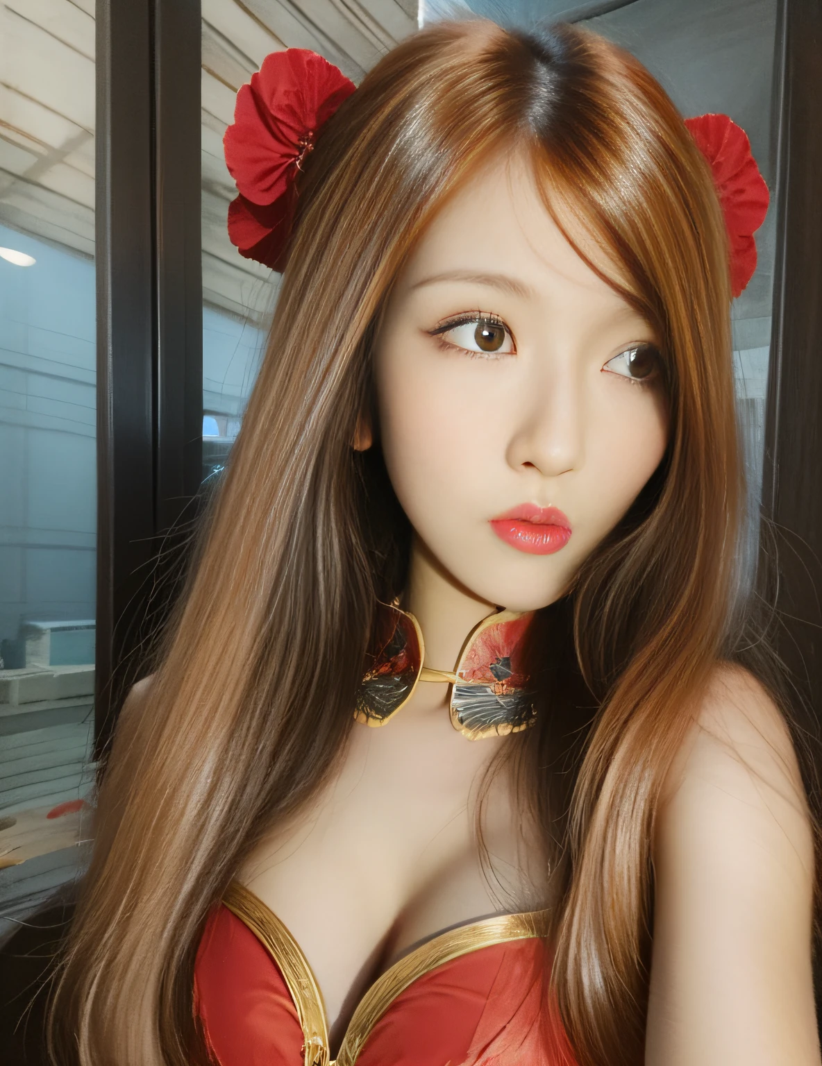 ((top quality, masterpiece)), red china clothes, blonde, girl, one, bust shot,