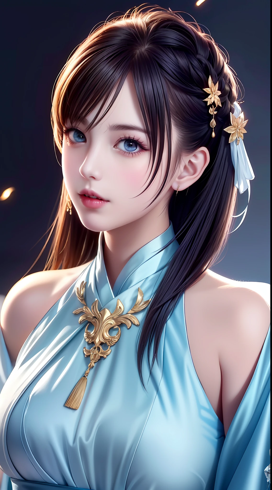 Hanfu, National Style 3.2, Full Body, Walking Posture, Slow Motion, Men Wear Full Body Multi-layered (Heavy Robe: 1.2), (Blue Ice Flower Long Dress: 1.2), Gloves, (Very Detailed, Bloom: 1.5), (Highest Quality, Alessandro Casagrande, Greg Rutkowski, Sally Mann, Concept Art, 4k), (Analog: 1.2), (High Definition), (Detail Pupil: 1.1), (Painting: 1.1), (Digital Painting: 1.1), Detailed Face and Eyes, Masterpiece, Best Quality, (Highly Detailed Photo: 1.1), 8K, Realistic, (Ice Hair Color, Dynamic Hairstyle), (pureerosface_v1:0.1), Jeremy Mann, Sandra Chevrier, Maciej Kuciara, Sharp, (torn body: 1.1), realistic, realistic shadows, (ice background: 1.2), (Michelangelo), ohwx style<lora: (style of ohwx) masterpiece, best quality, (extremely detailed CG unity 8k wallpaper, masterpiece, best quality, ultra-detailed, best shadow), (detailed background), (beautiful detailed face, beautiful detailed eyes), High contrast, (best illumination, an extremely delicate and beautiful), (girl:1.5), ((Not relevant)), ((caustic)), dynamic angle, beautiful detailed glow, (portrait:0.2),dynamic angle, beautiful detailed glow, (portrait:0.2),pigtail,full body,