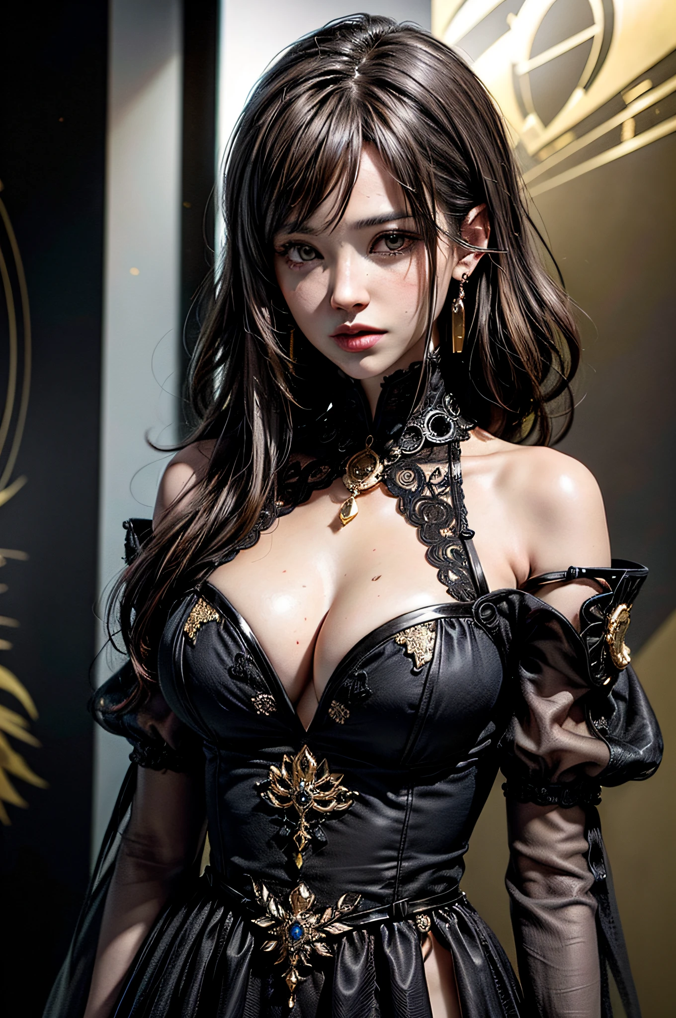 ((maximum quality)), ((masterwork)), (Intrincated detailed:1.4), 3D, an image of a beautiful cyberpunk female,HDR(High Dynamic Range),raytracing,NVIDIA RTX,Ultra Resolution,Unreal 5,sub-surface Scattering,PBR Texturing,Postprocess,Anisotropic filtering,Depth-of-field,Maximum clarity and sharpness,Multi-layered textures,Albedo and specular maps,Surface Shading,Accurate simulation of light-material interactions,perfect proportion,Octane Rendering,Two-tone lighting,Wide aperture,Low ISO、White Balance、Rule of thirds、8K RAW、only girl、blushes、brown eyess、Gorgeous long black hair、(shining skin)、Delicate face、brunet、Luxurious black dress、Voluminous and complex dresses、silk、lace、embroidery、chest cleavage、Luxurious and intricate gold necklace、hair ornamen、Luxurious and intricate gold bangles、Luminous Gemstones、ruby、Sapphire、looks at the viewer、Facing the camera、luxurious palace