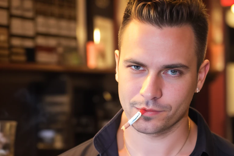 a man smoking a cigarette, with a confident expression